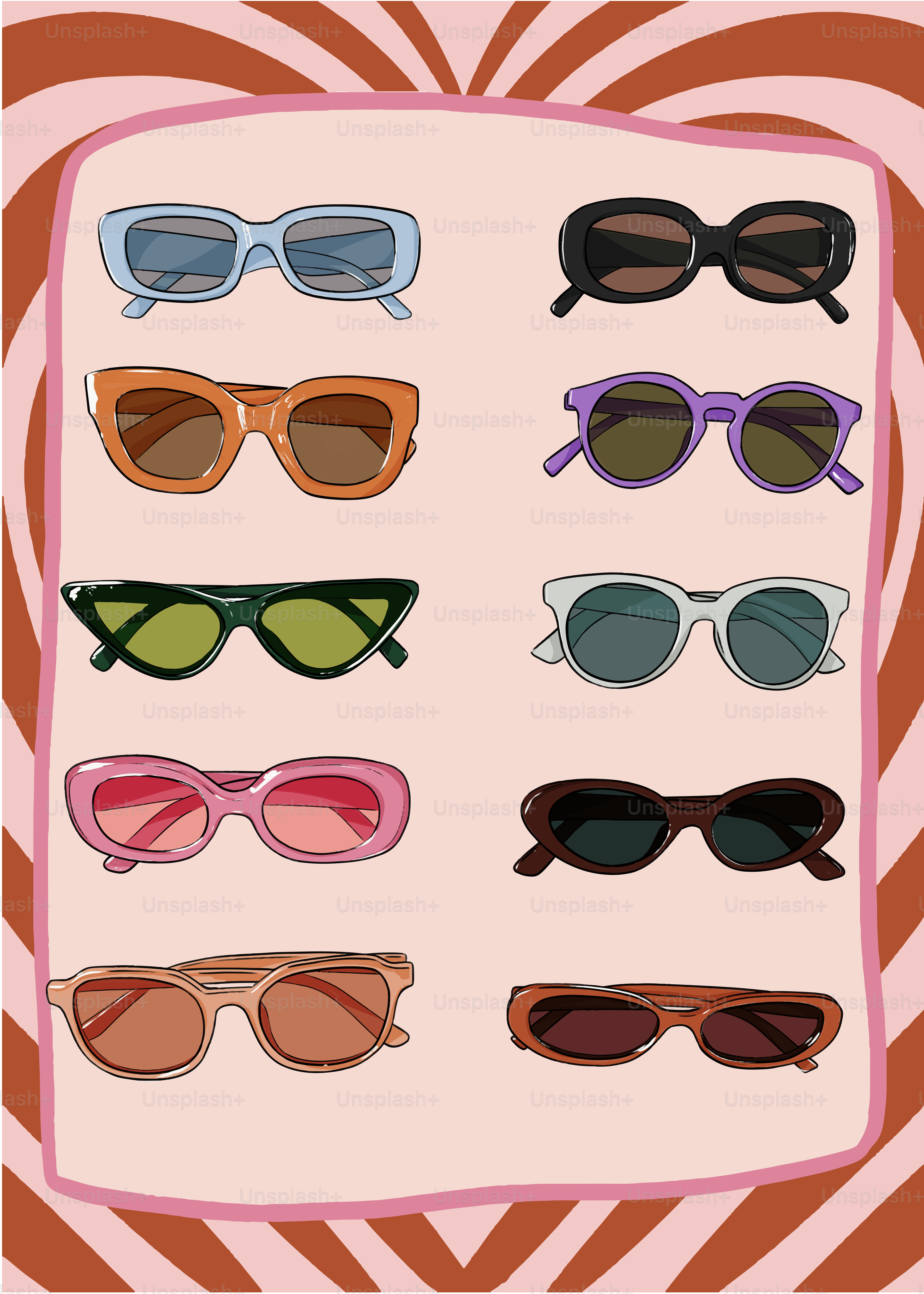 Collection of assorted stylish sunglasses on a pink background