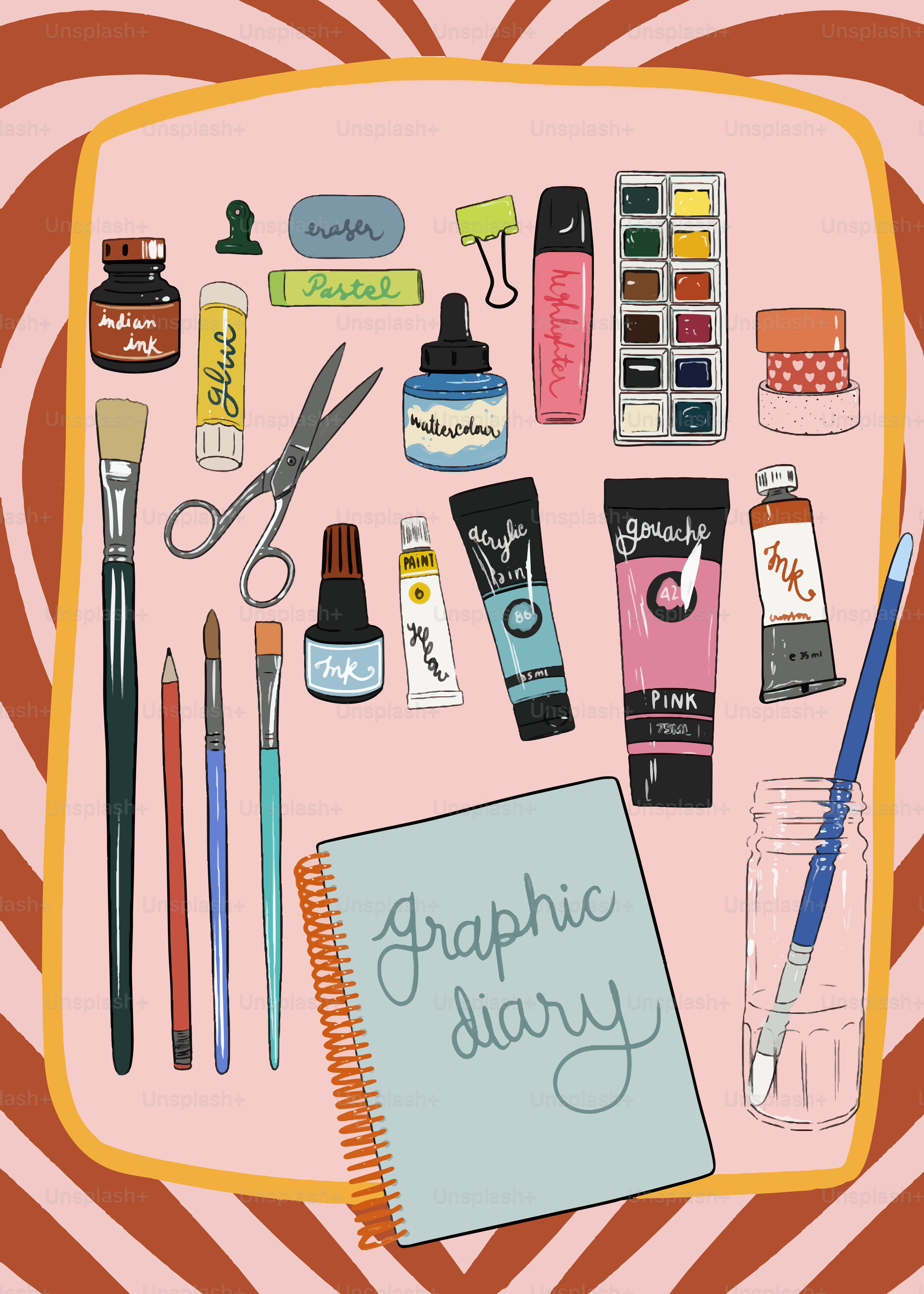 Art supplies arranged neatly on a pink background.