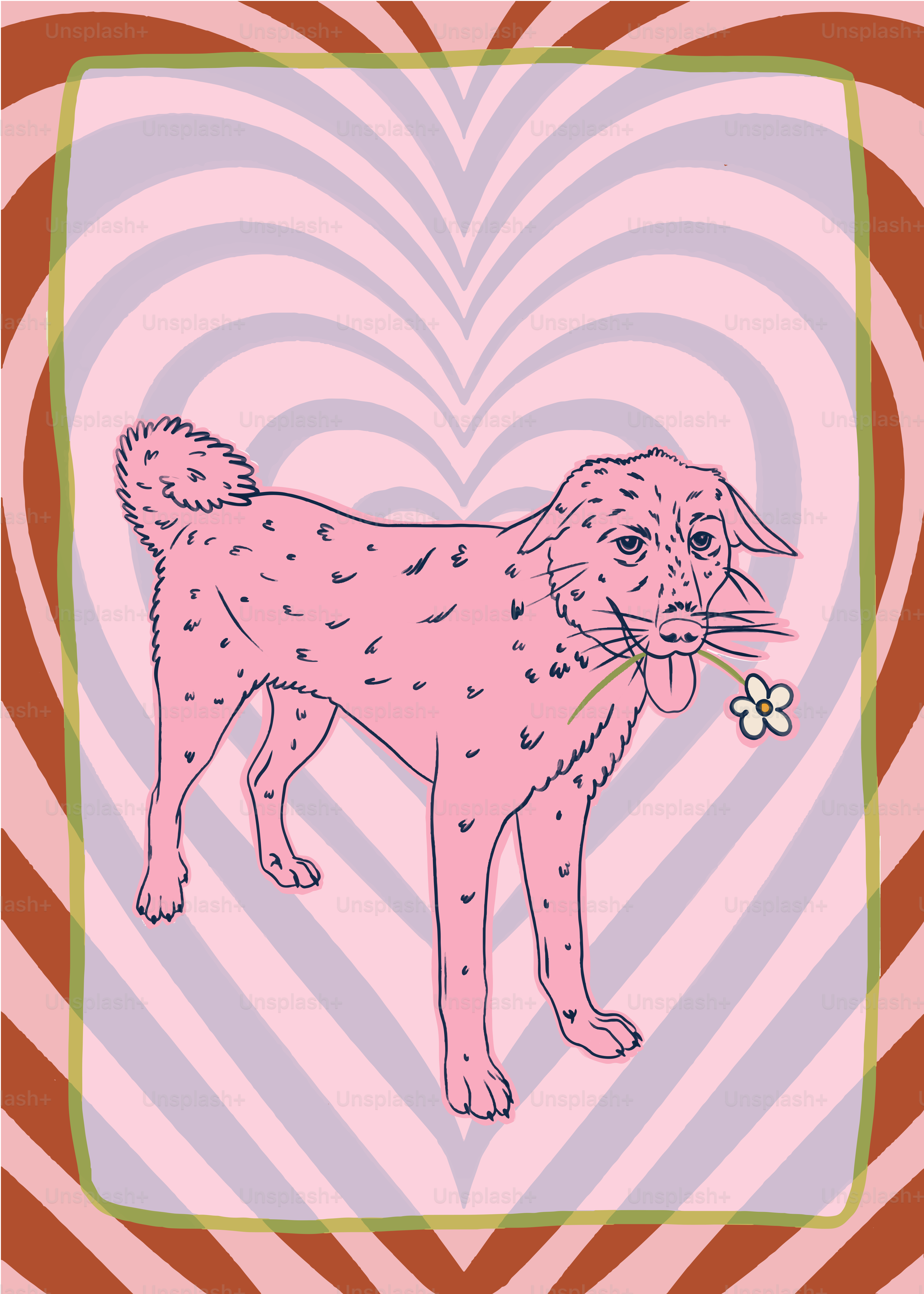 Pink dog with flower in mouth, heart background