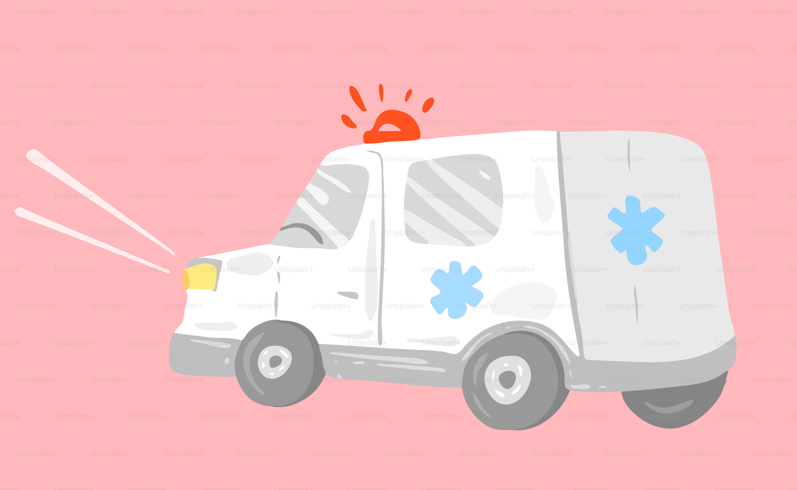 A cartoon ambulance with flashing lights on pink background