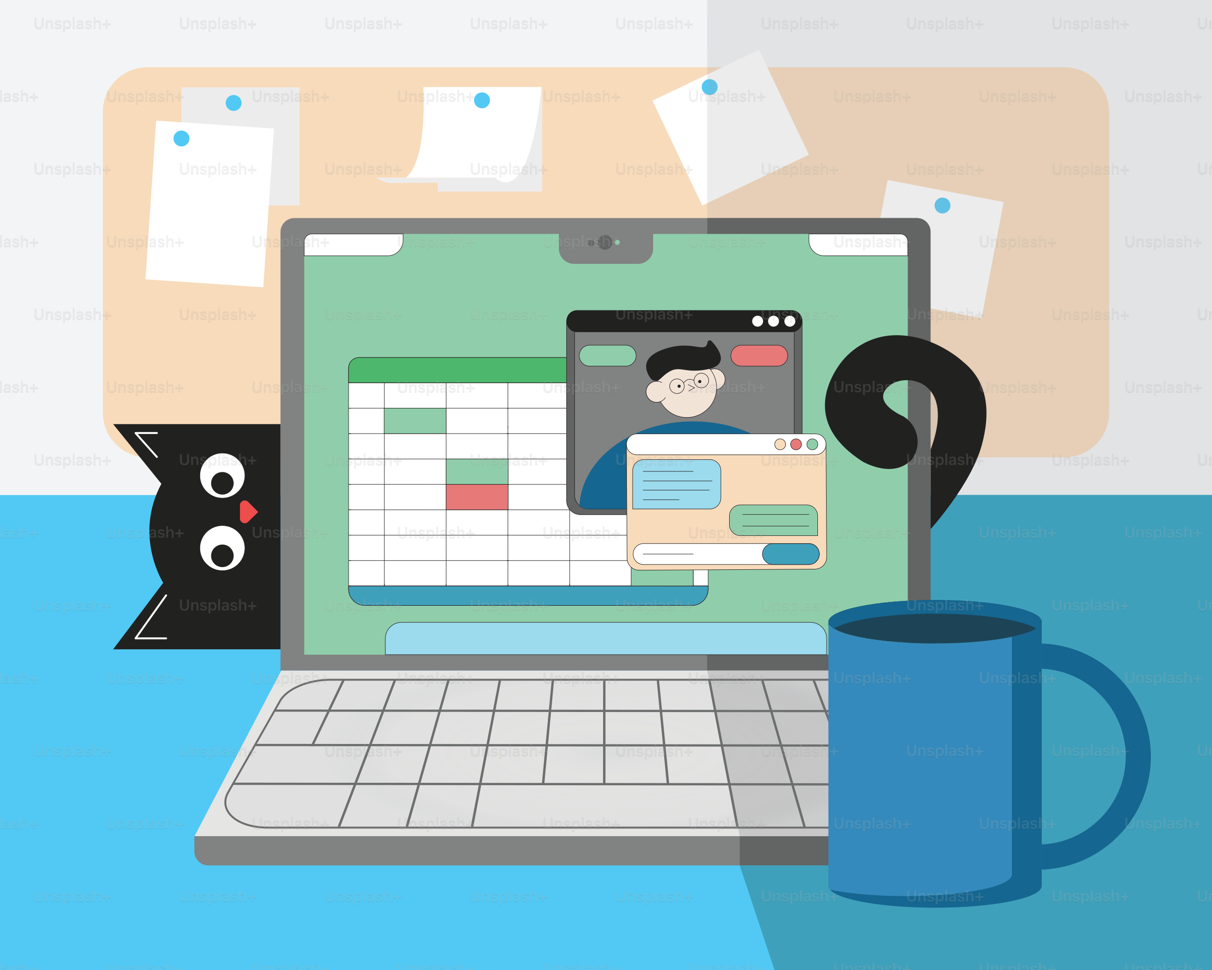 Black cat peeks from behind laptop with coffee mug.