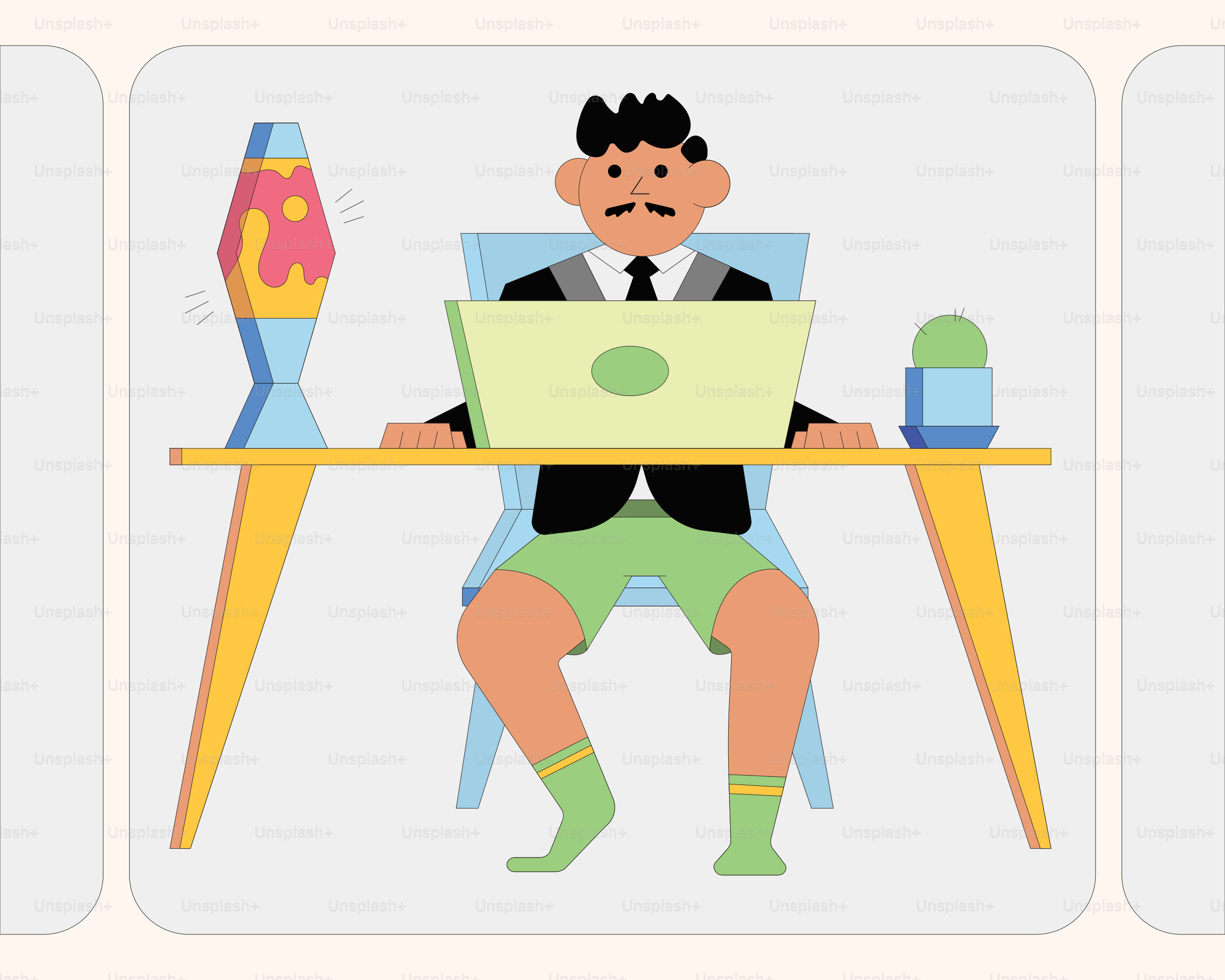 Mann im Anzugjacke und Shorts arbeitet auf dem Laptop