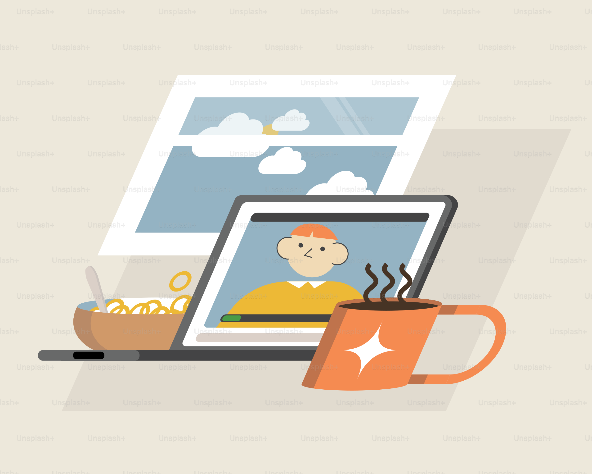 Laptop with person, cereal, and hot coffee.
