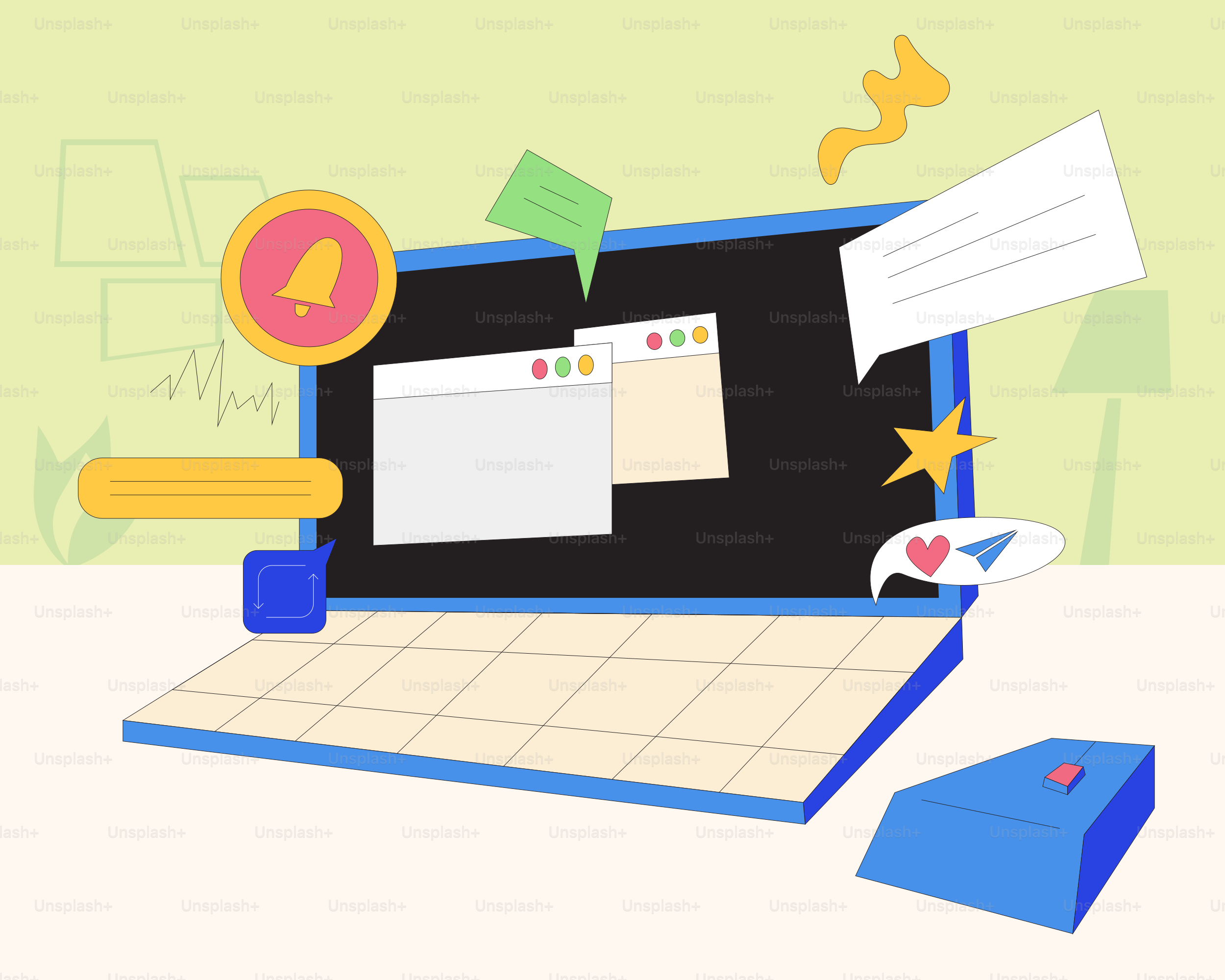 Laptop with notifications and chat bubbles floating around.