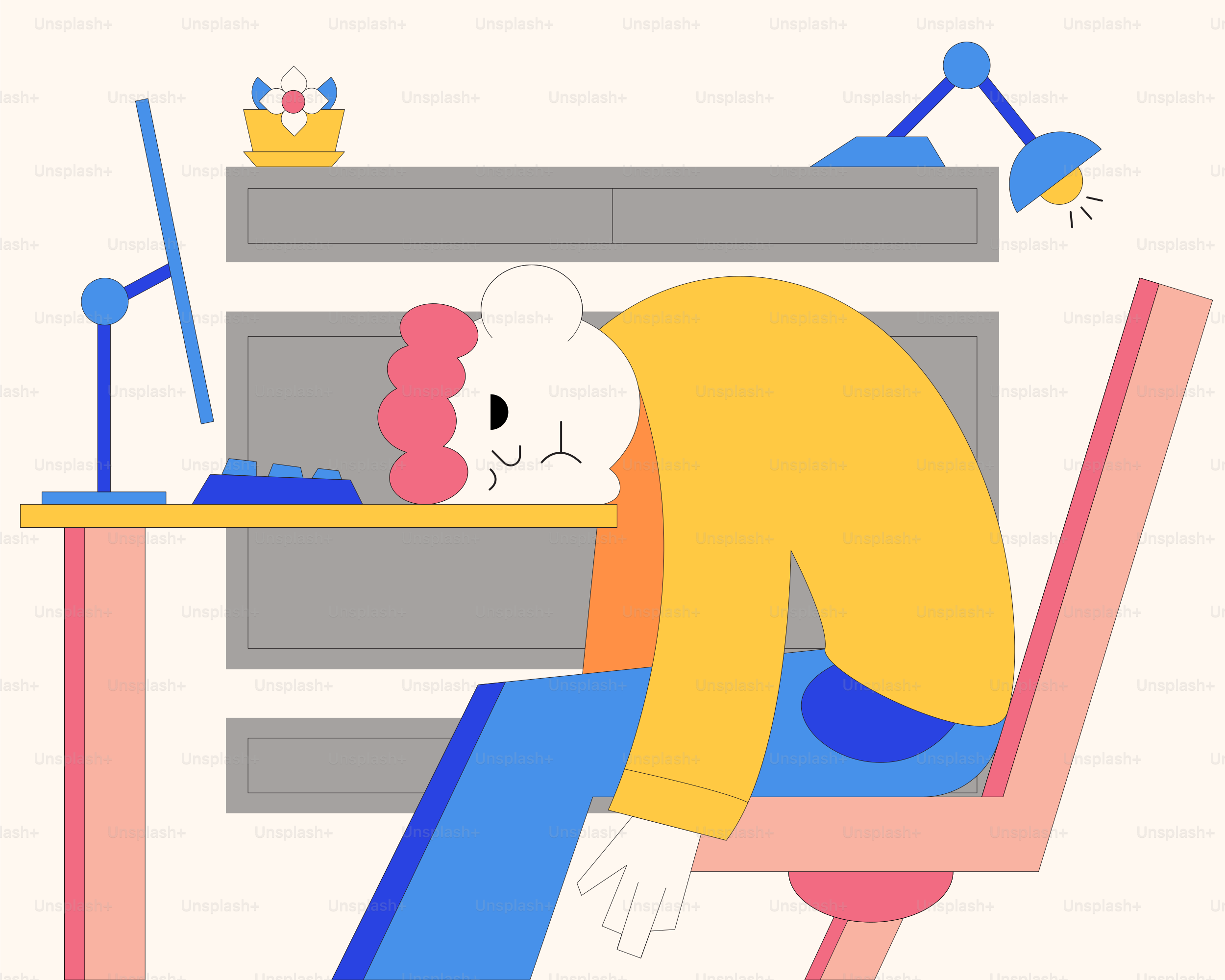 Tired person slumped over desk in front of computer.