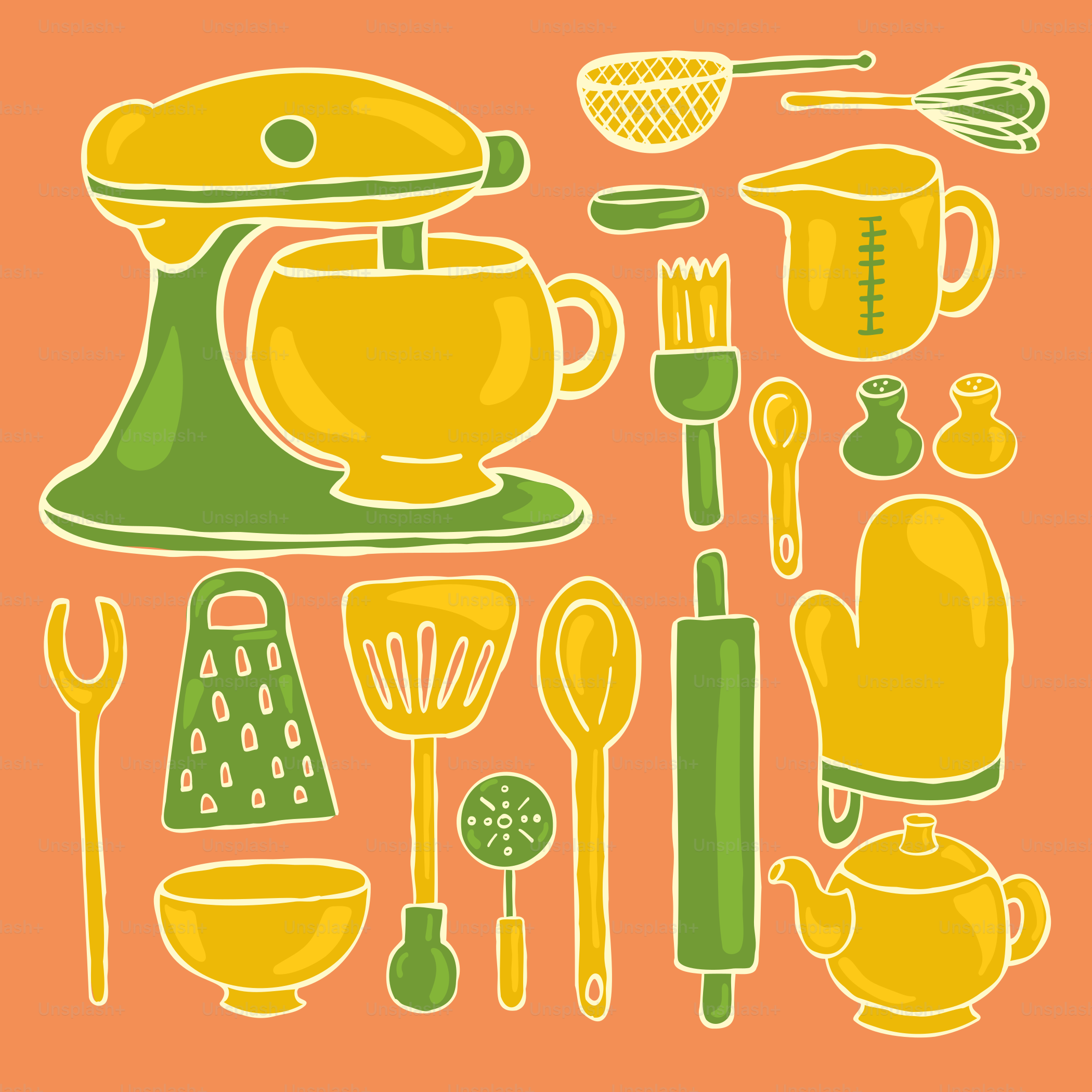 Assorted yellow and green kitchen utensils on orange background