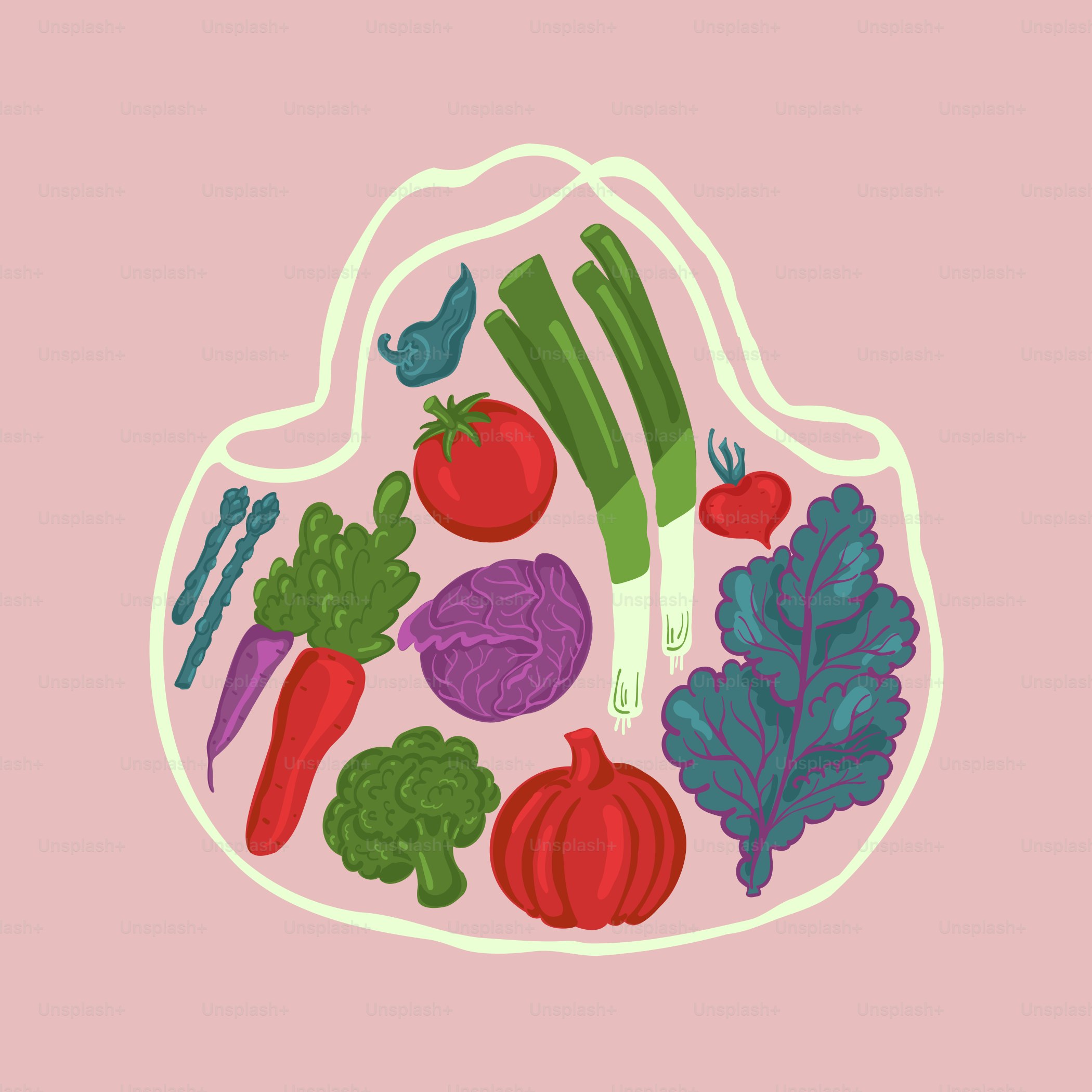 A plate of vegetables on a pink background