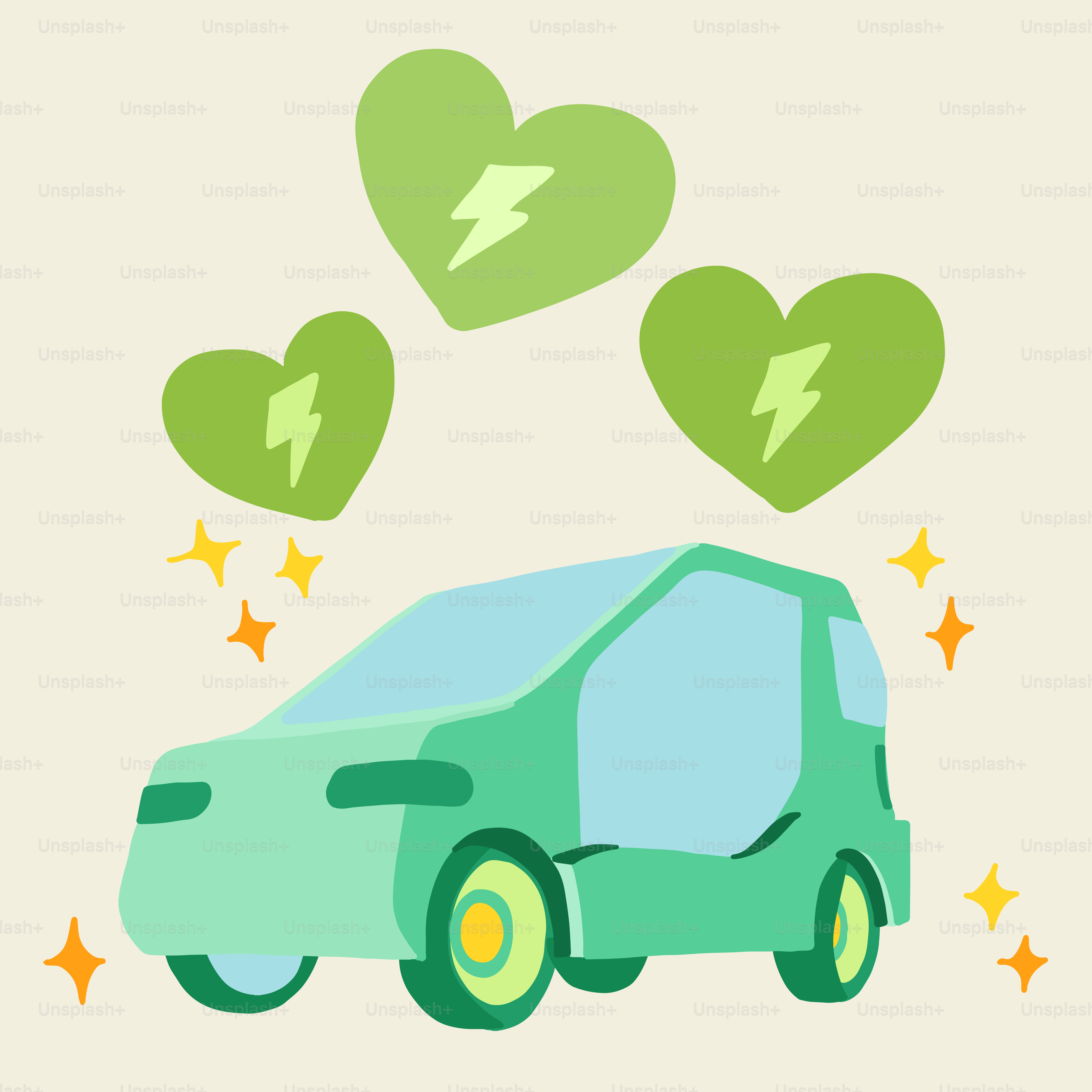 Coche eléctrico verde con corazones y rayos.