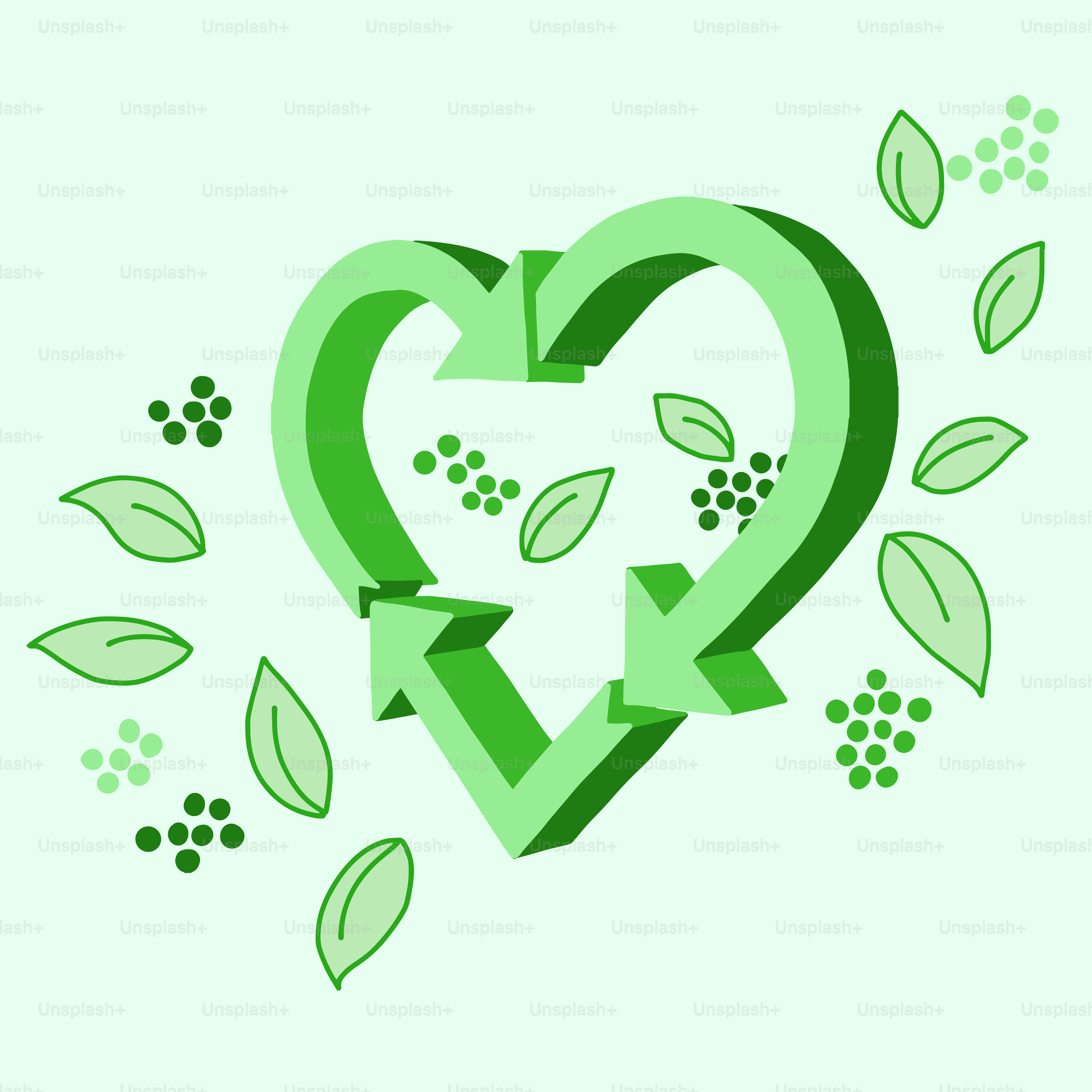 Green heart with recycling arrows and leaves