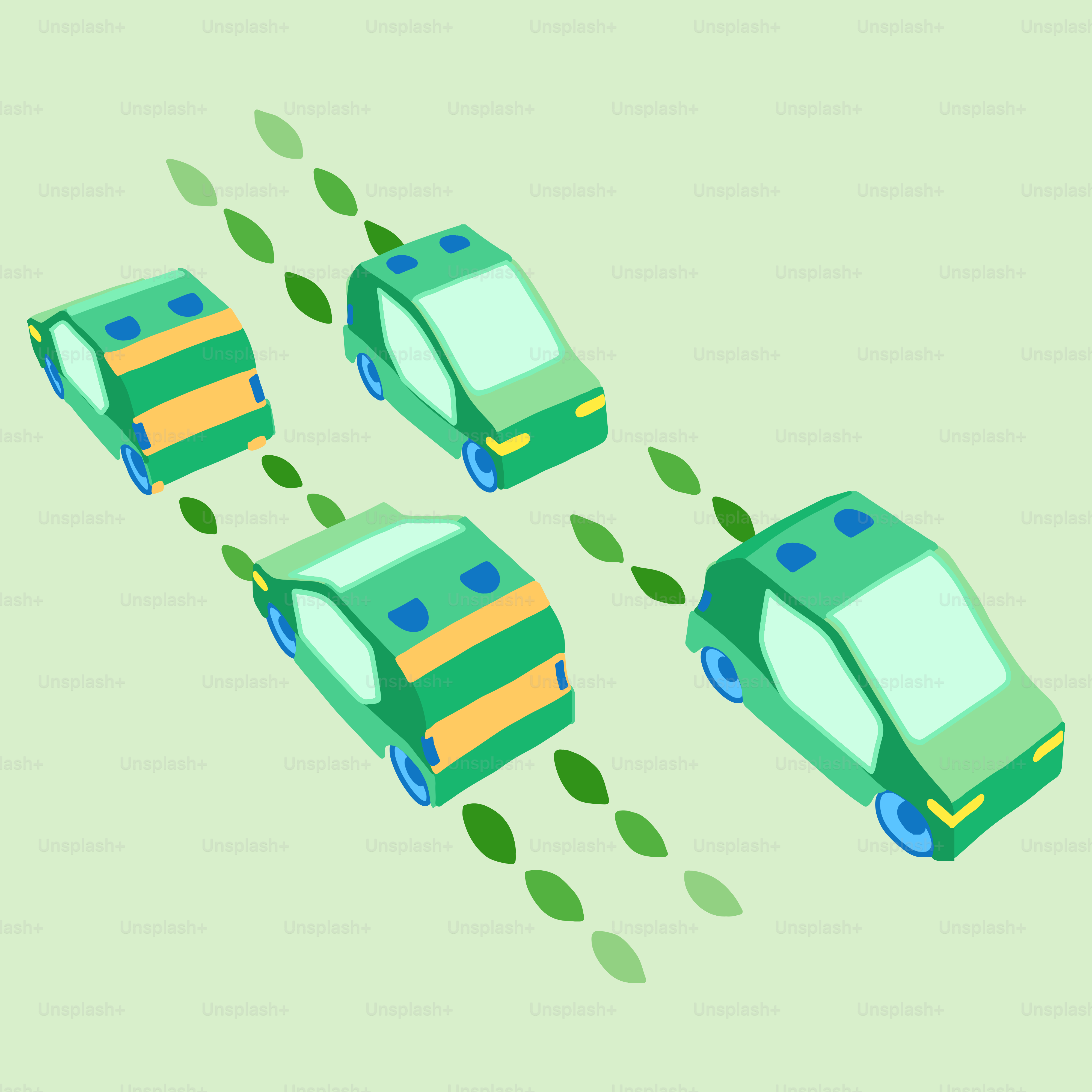 Cuatro coches verdes circulando en fila con hojas.