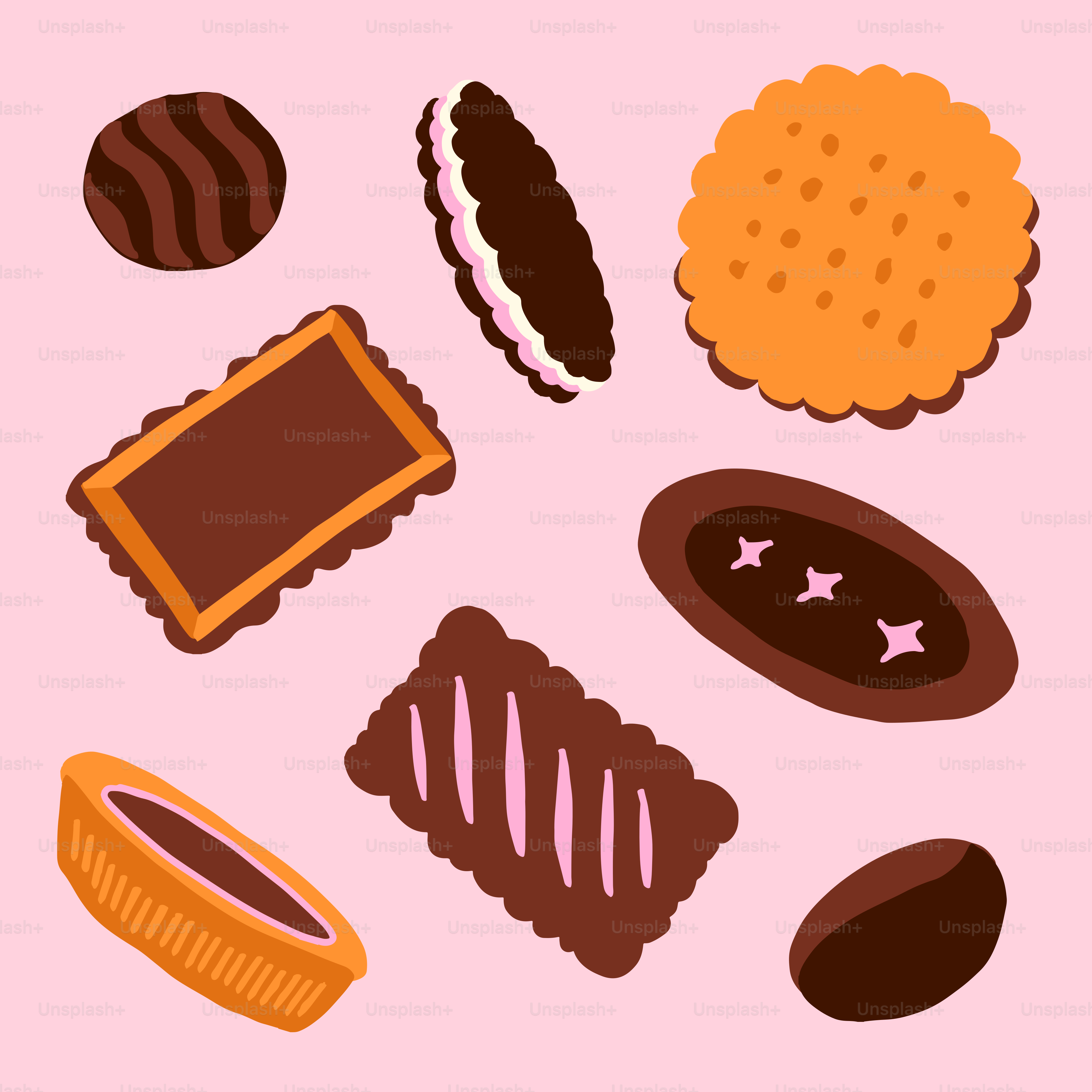 Assortment of chocolate cookies and biscuits on pink background