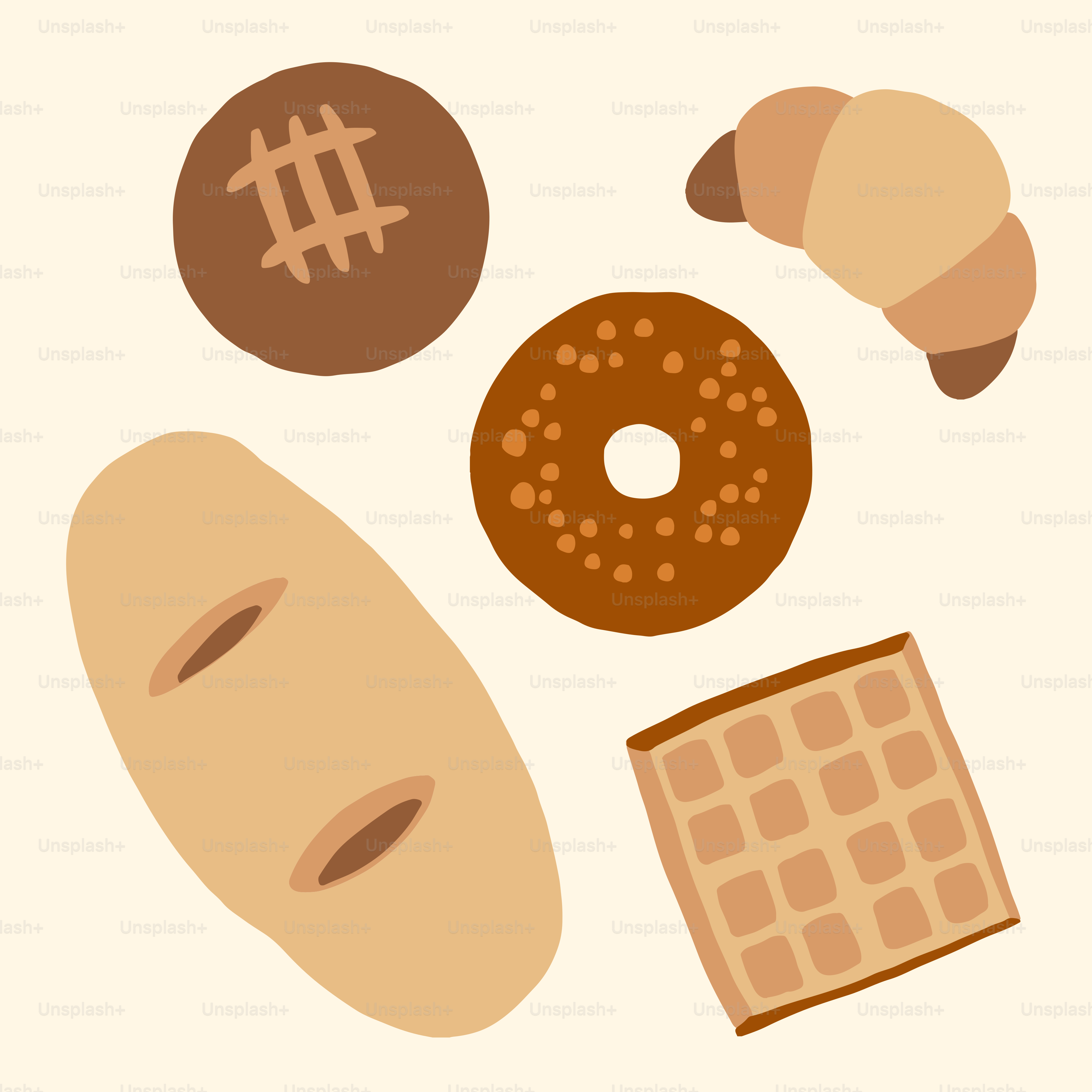 Assortment of baked goods including bread, croissant, and waffle.