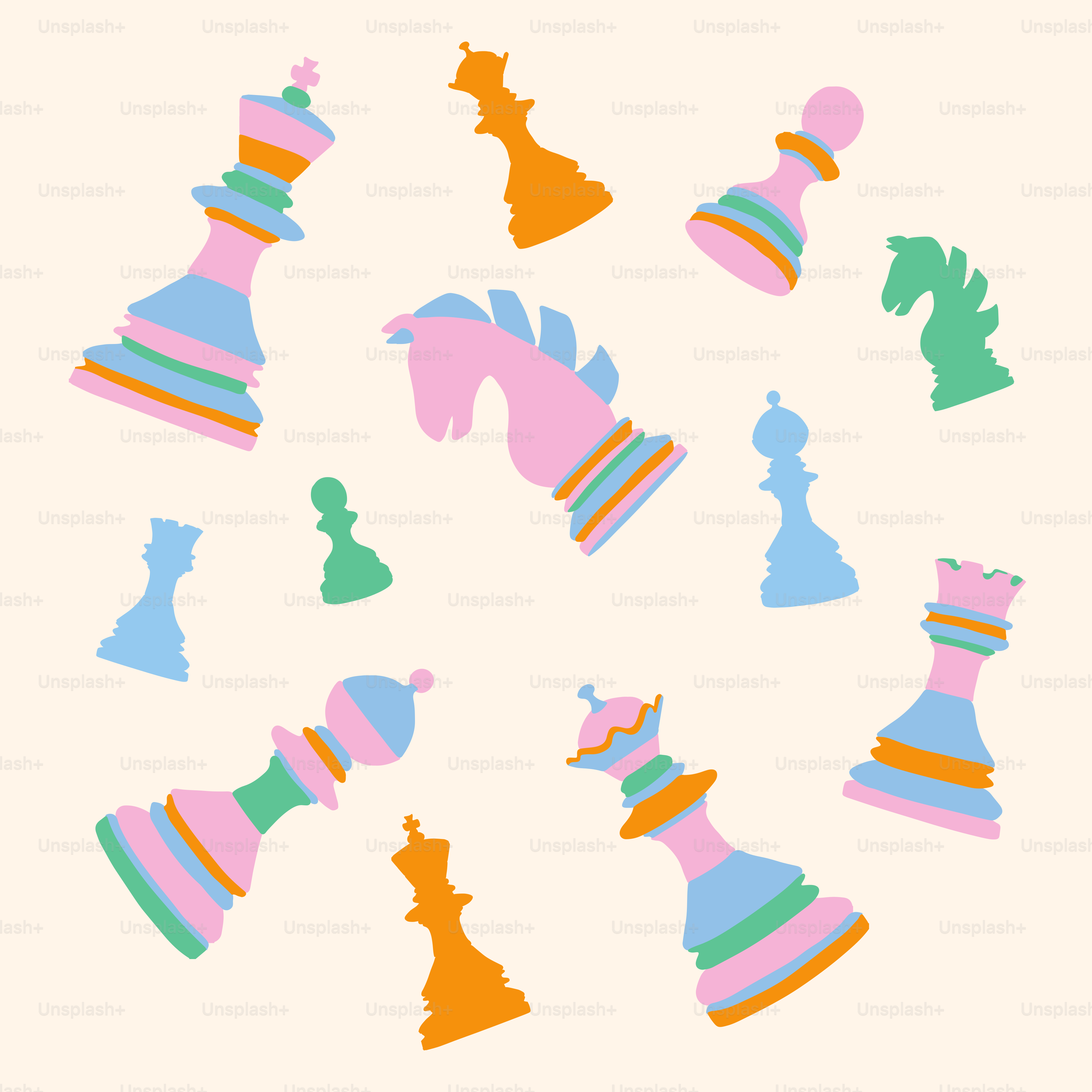 Colorful abstract chess pieces scattered on a cream background.