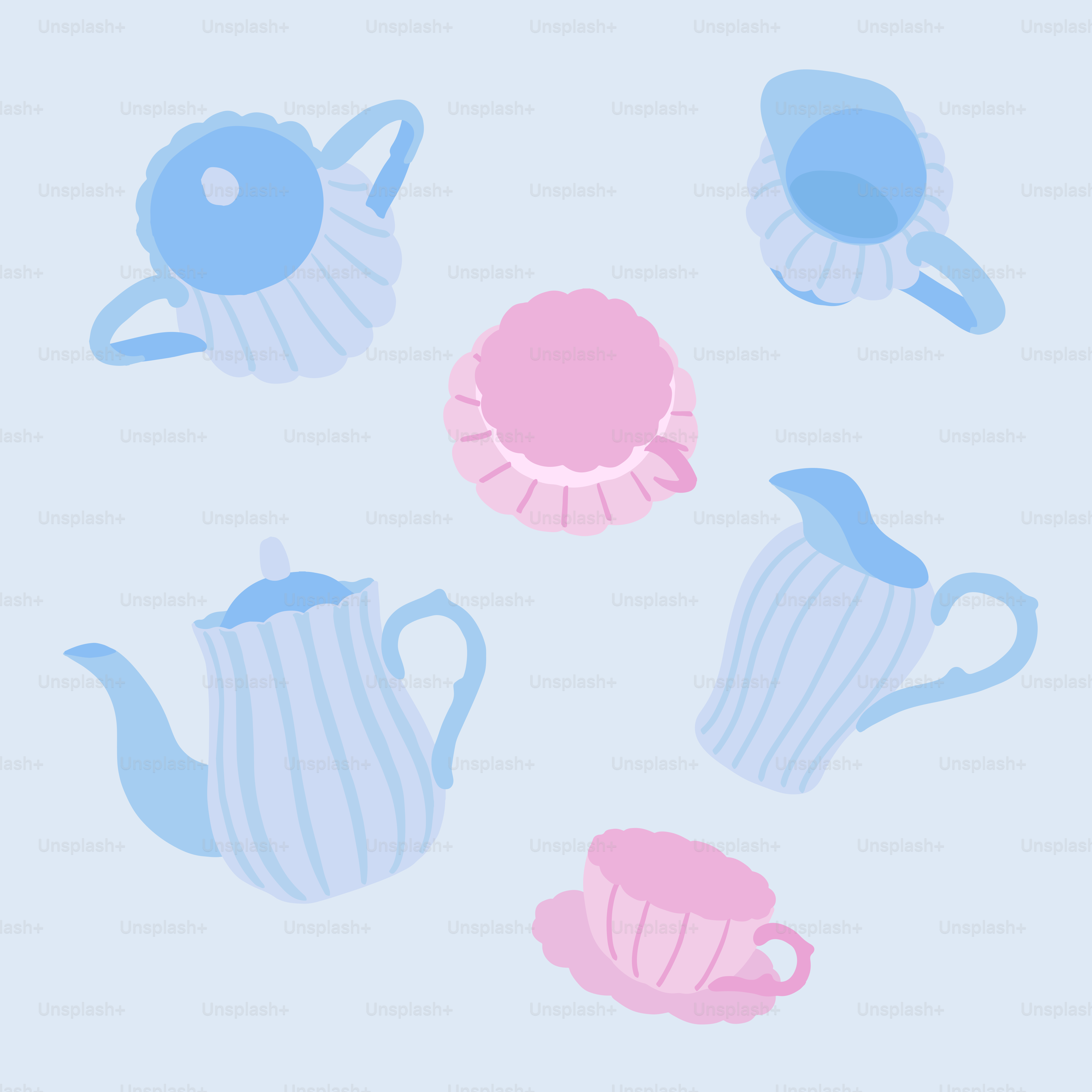 Teacups and teapots arranged on a light blue background