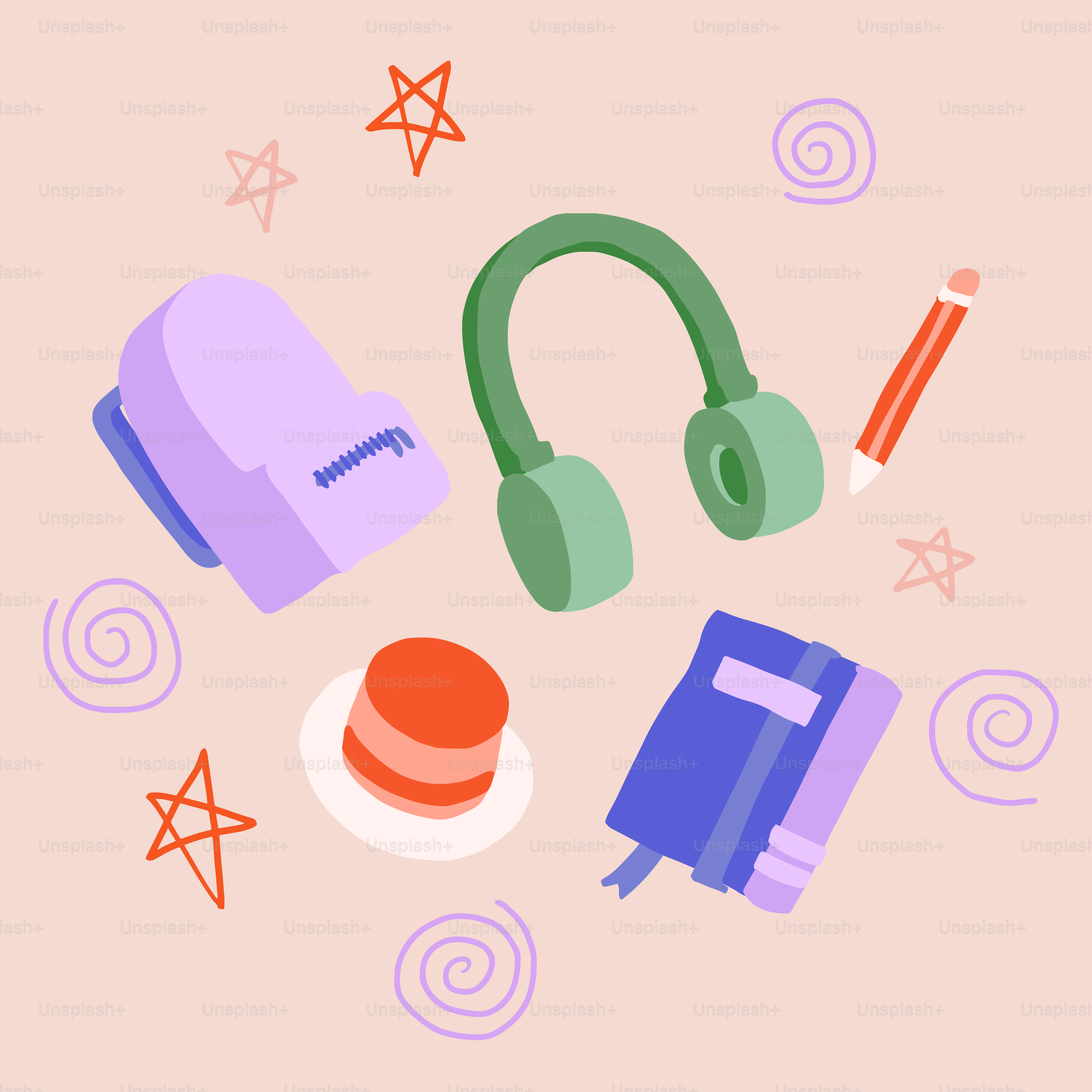 Stationery items including headphones, book, and pencil.