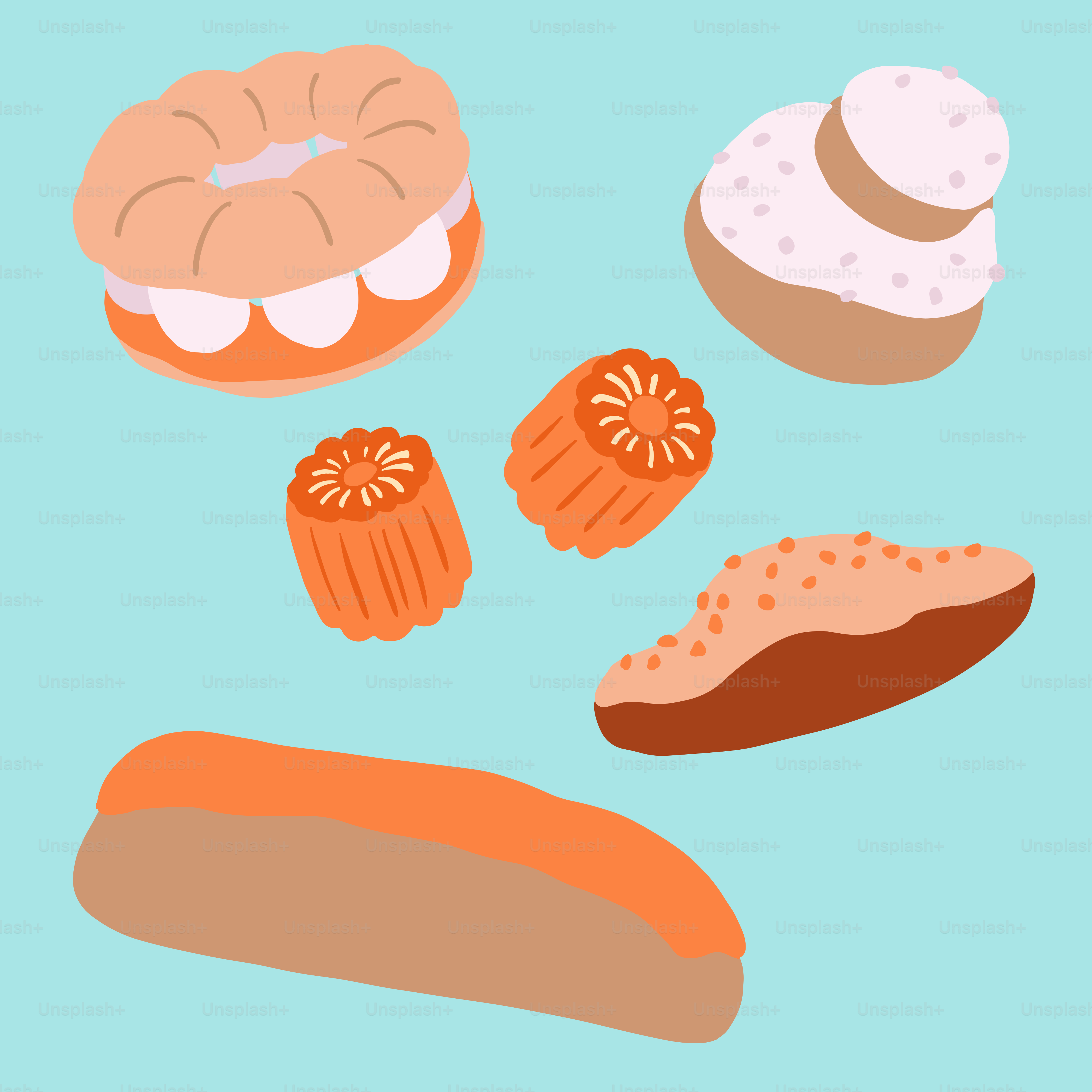 Assorted baked goods on a blue background