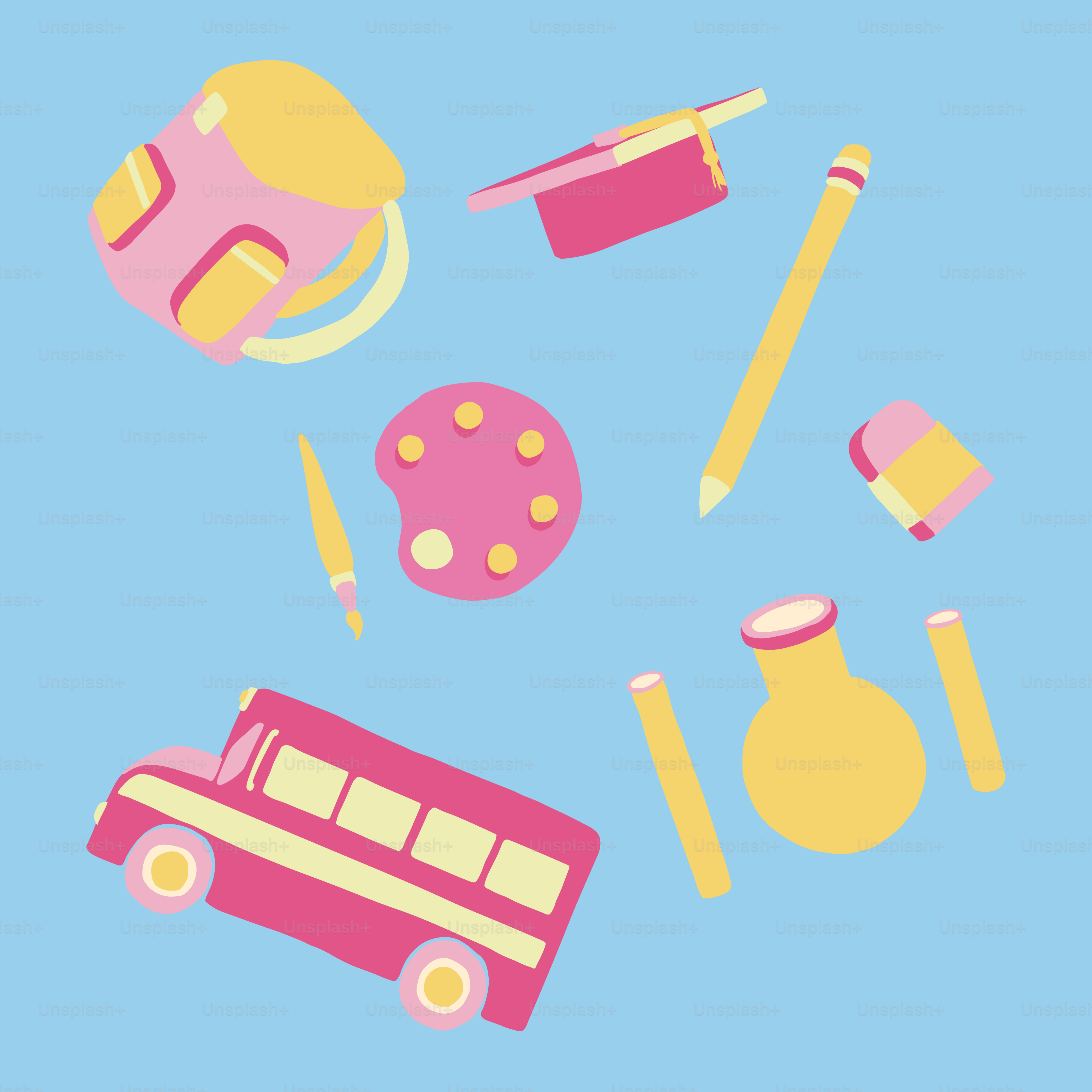 School supplies and a pink bus on blue background