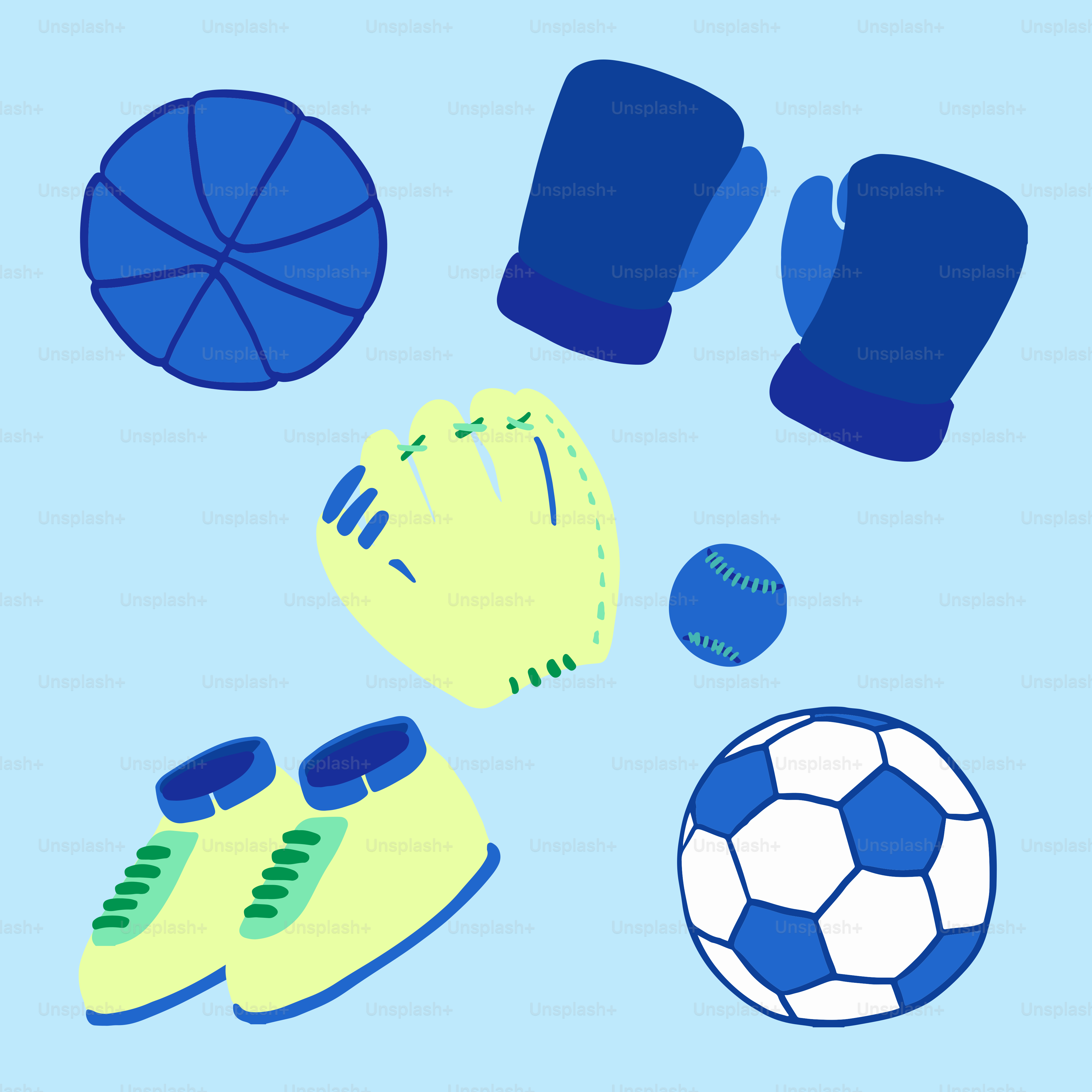 Various sports equipment on a light blue background.