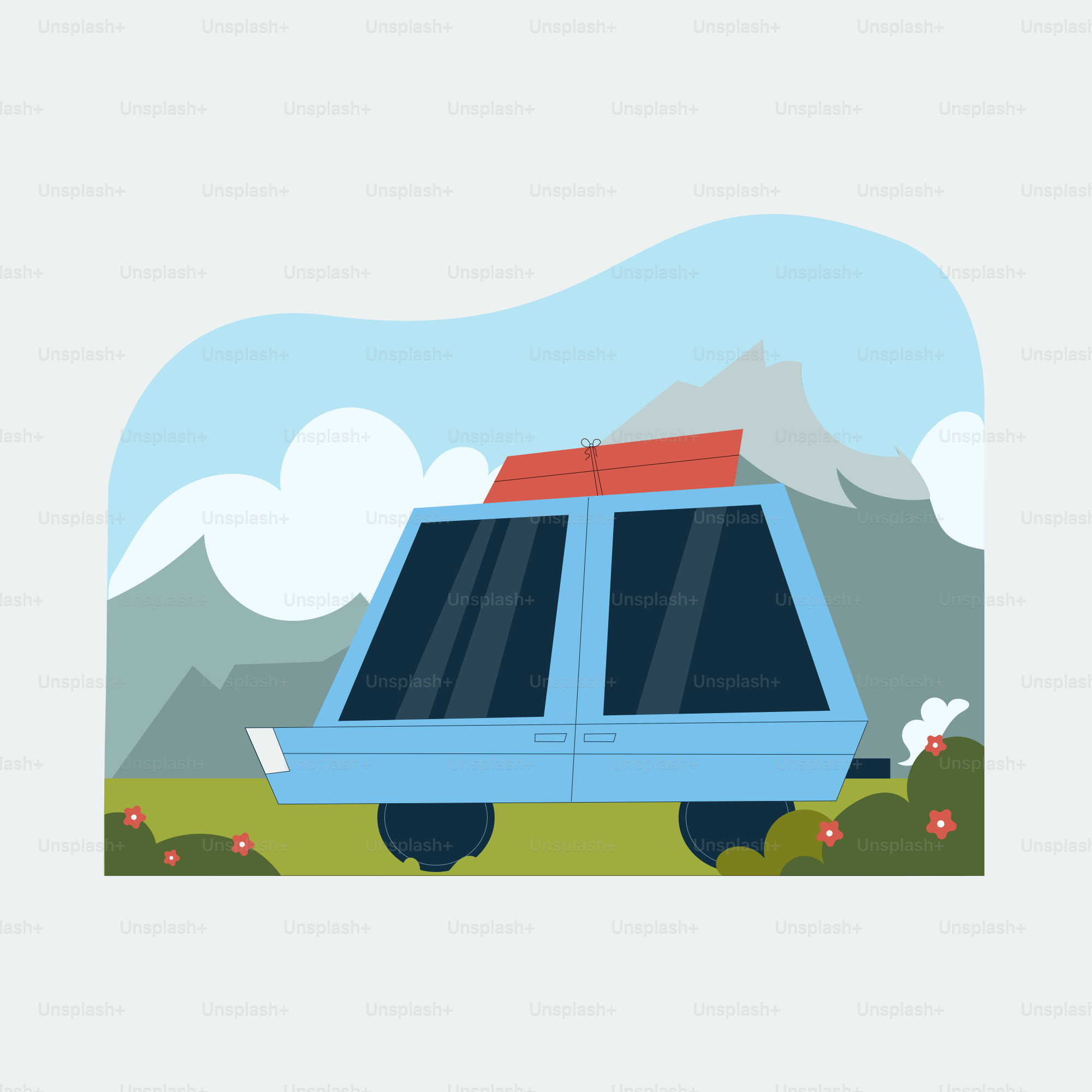 Une voiture bleue traverse un paysage herbeux