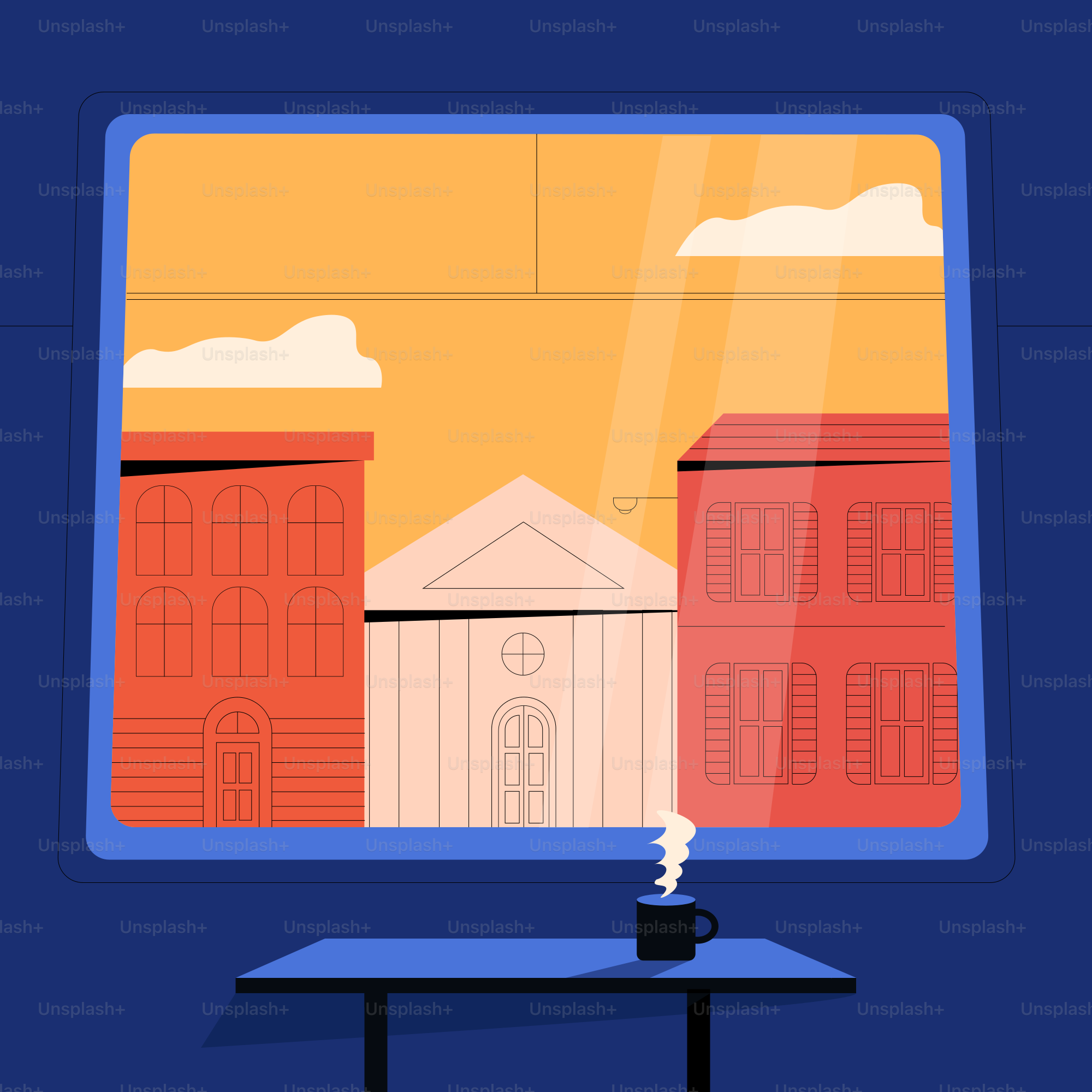 A coffee cup on a table in front of a window