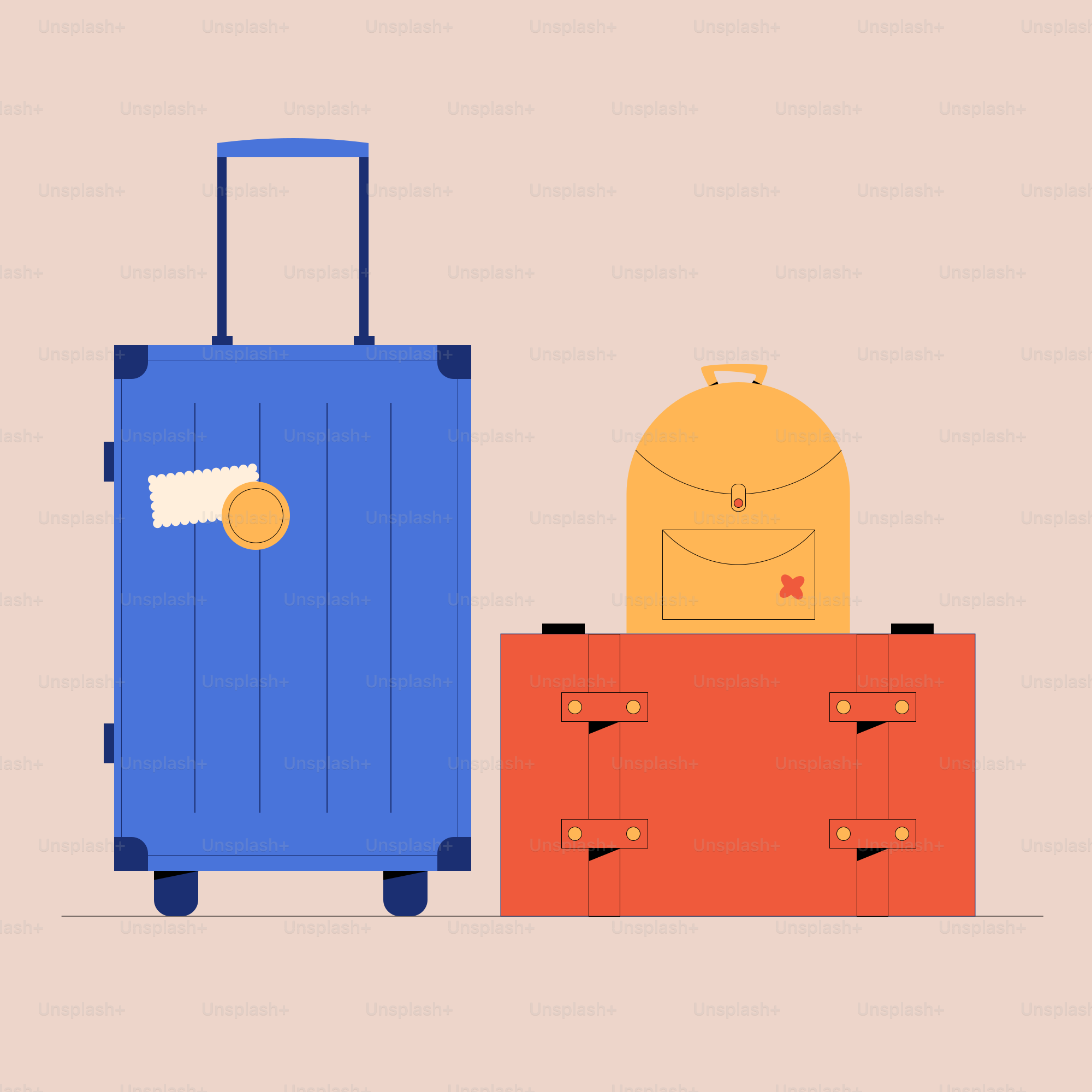 Two suitcases and a backpack on a plain background