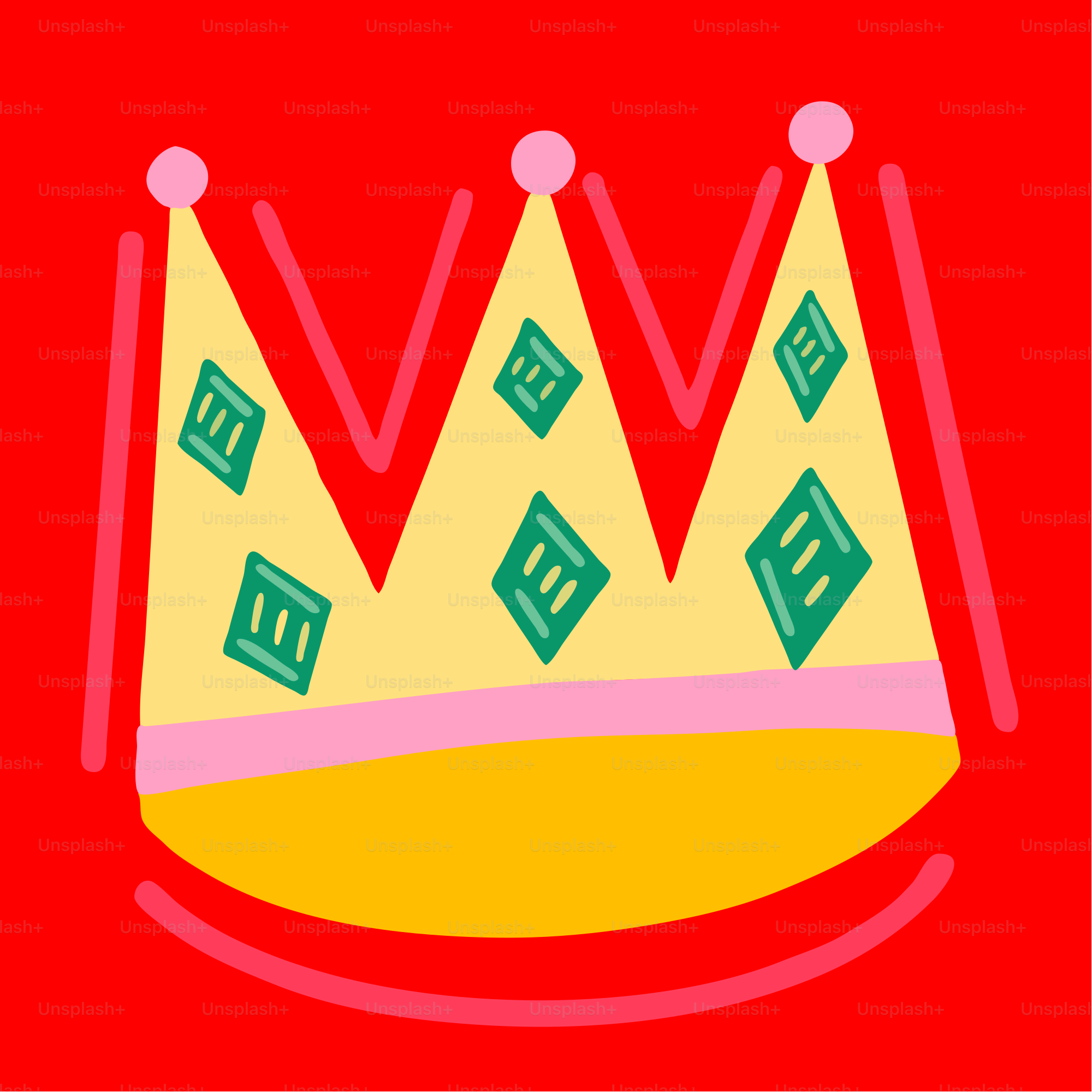 Una corona gialla con gioielli verdi su sfondo rosso