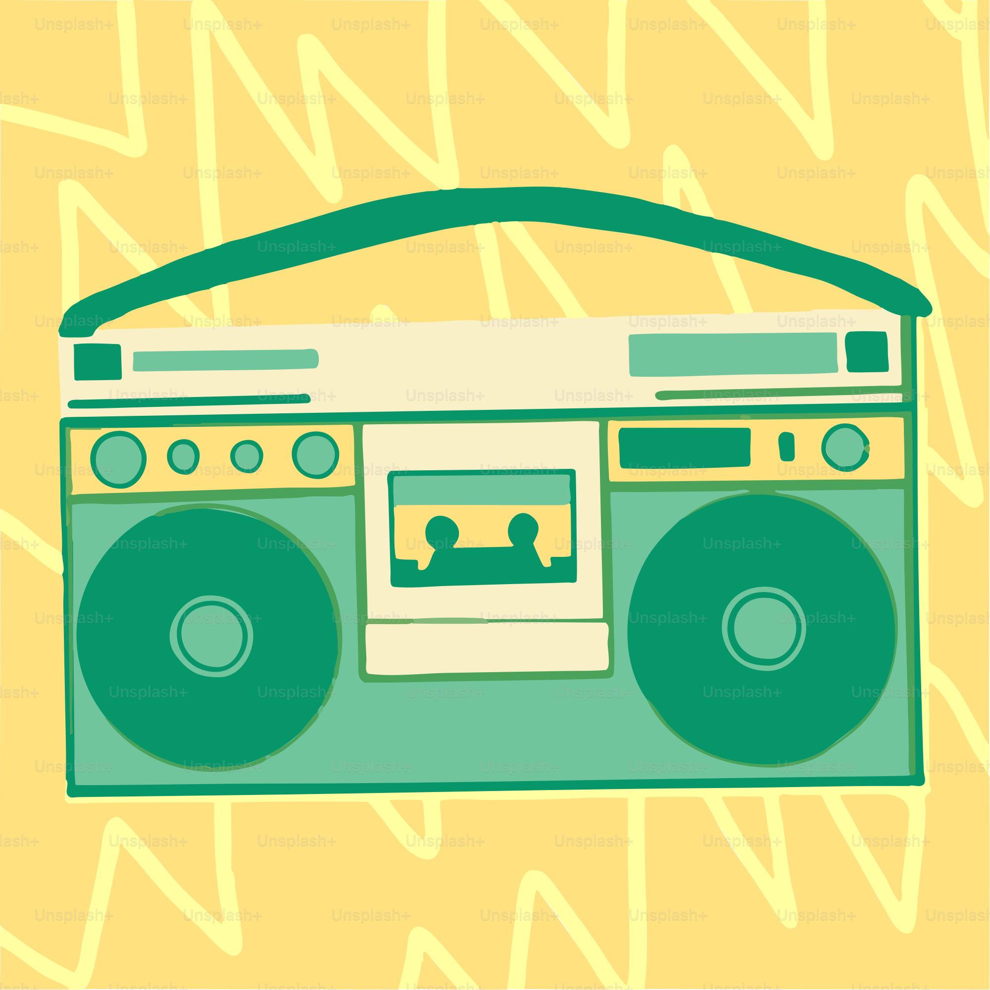 Retro boombox with cassette tape on yellow background
