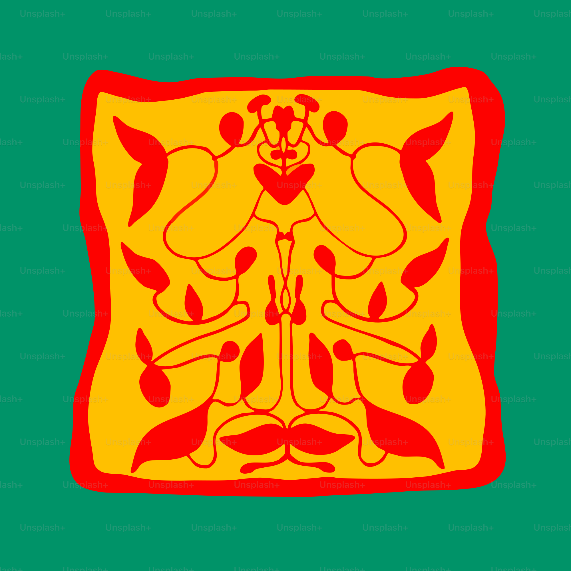 Un motif abstrait symétrique rouge et jaune sur fond vert