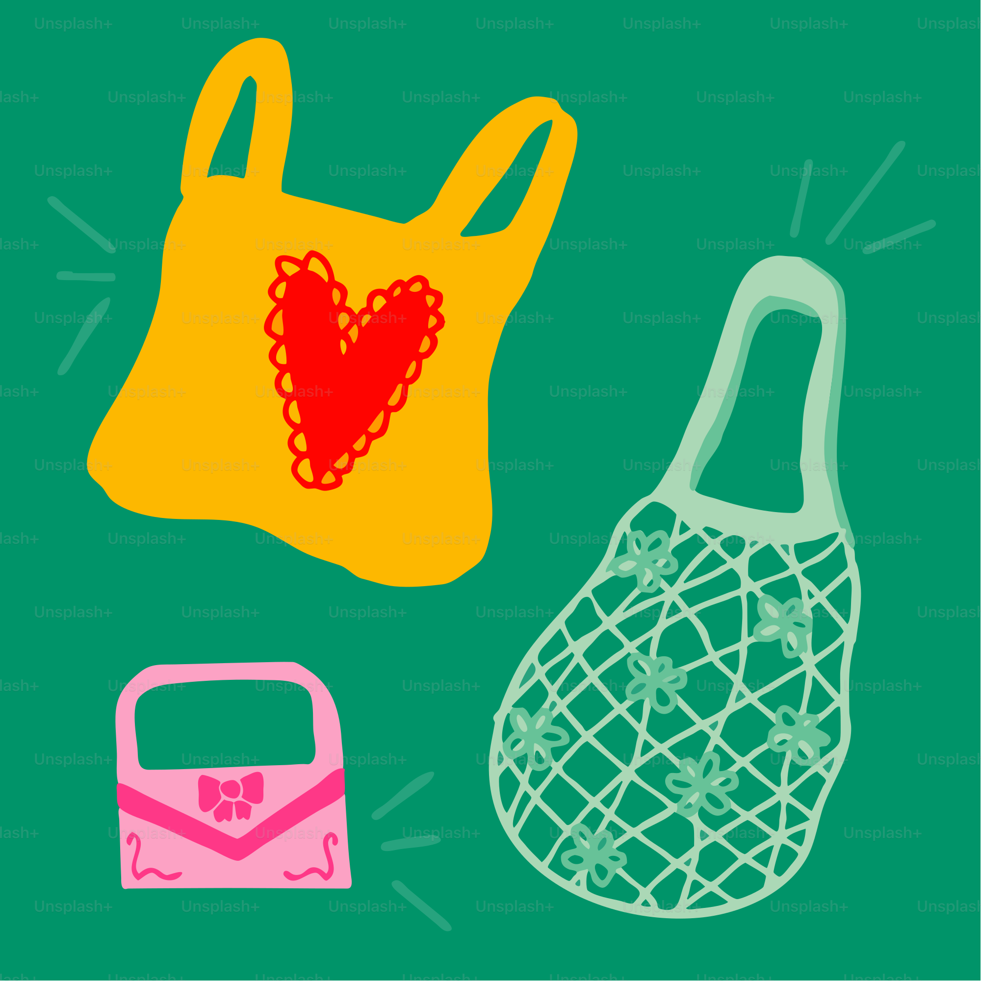 Three colorful bags against a green background