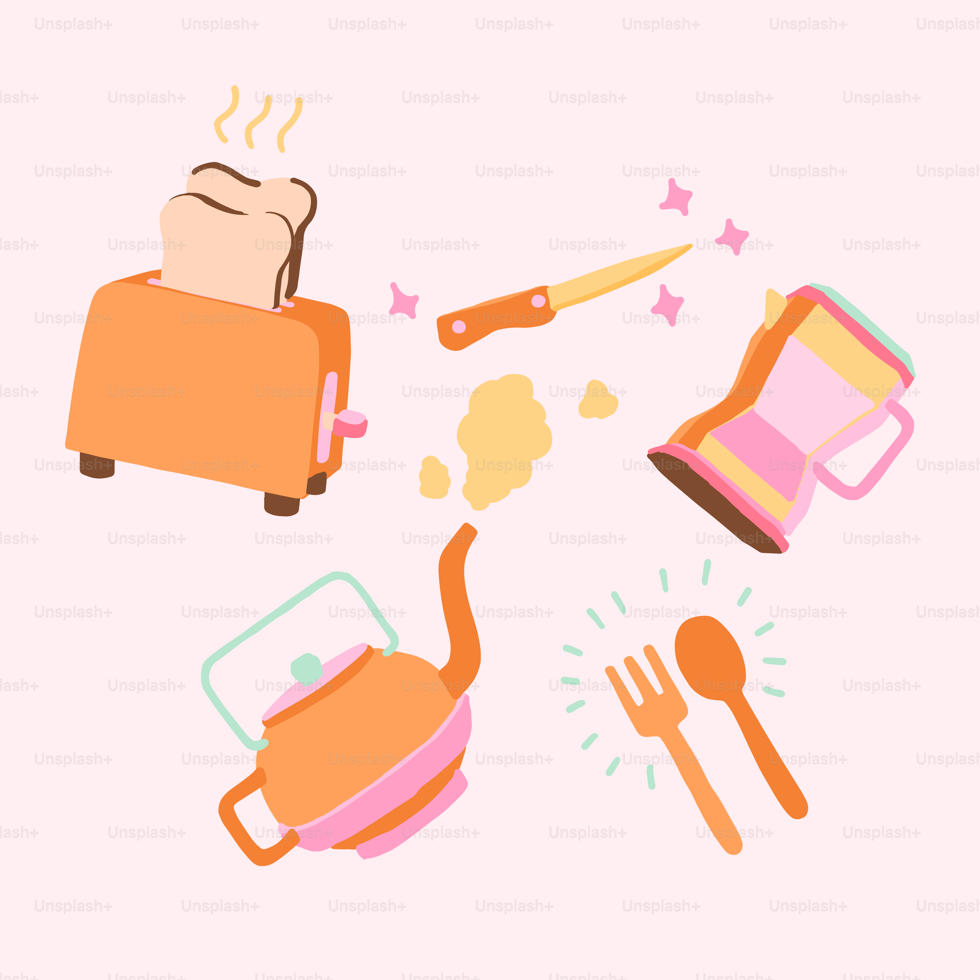 Kitchen appliances and utensils on a pink background