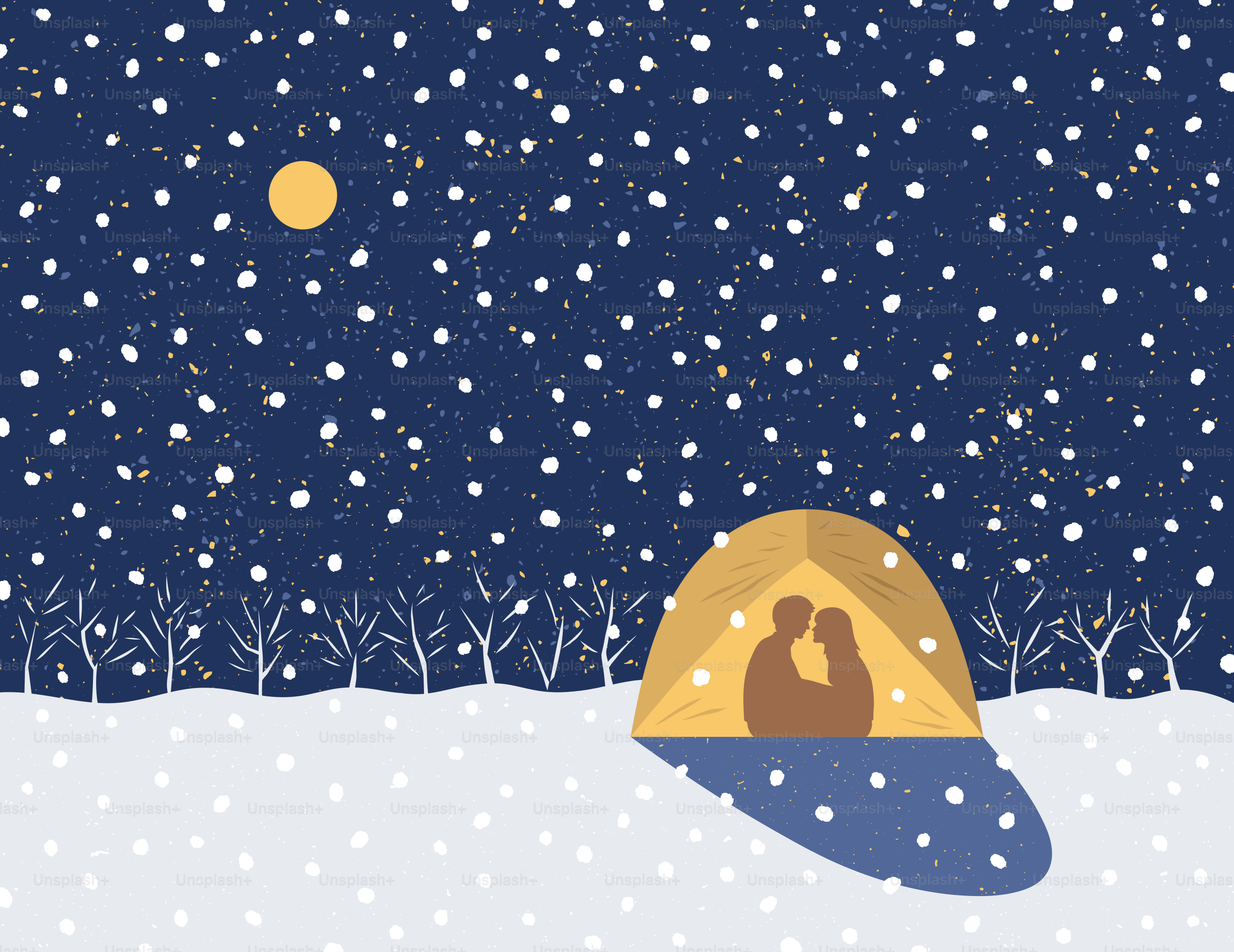 Couple silhouetté dans la tente sous la neige sous la lune