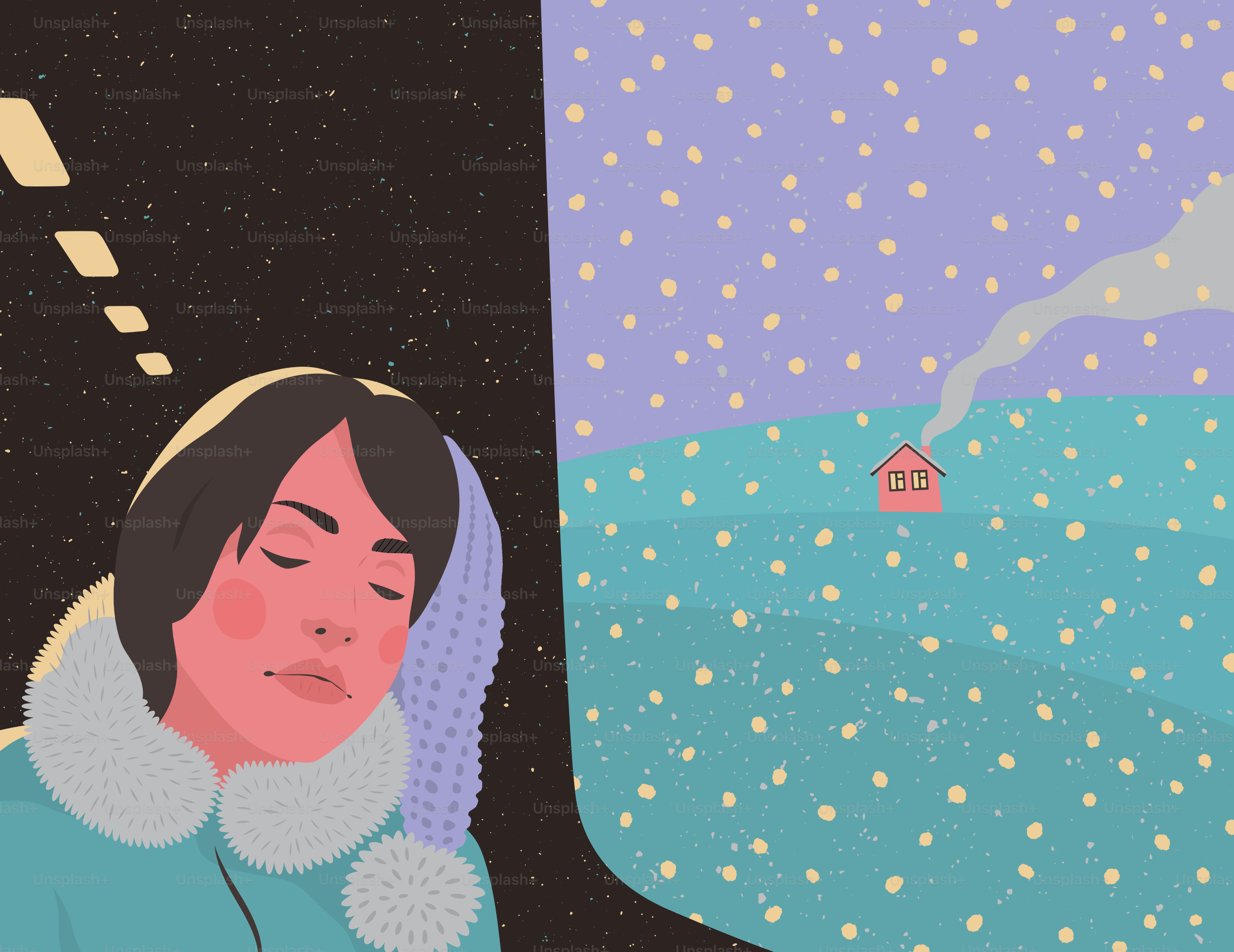 Une femme endormie rêve d’une scène hivernale.