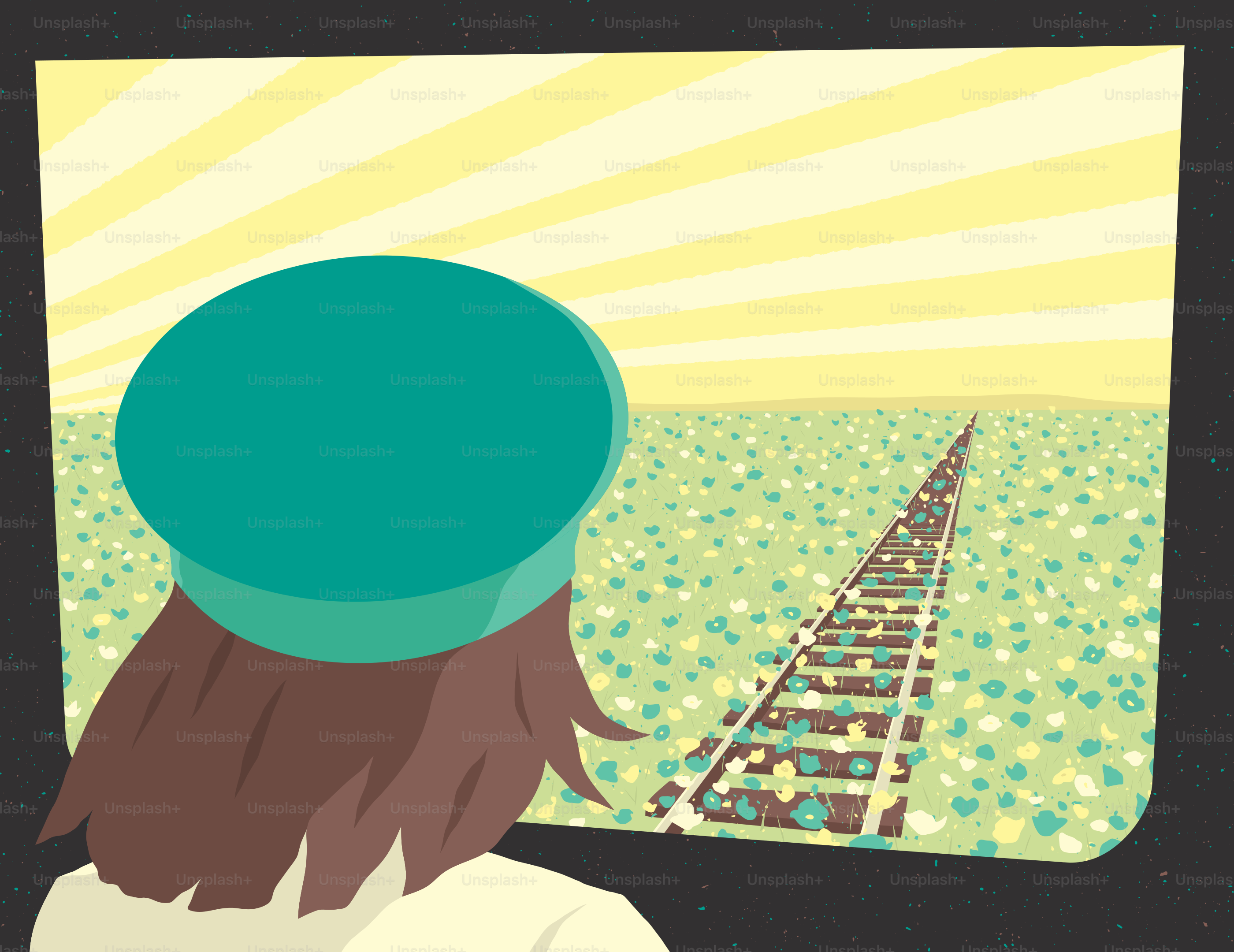 Une personne en chapeau regarde les voies ferrées à travers le champ