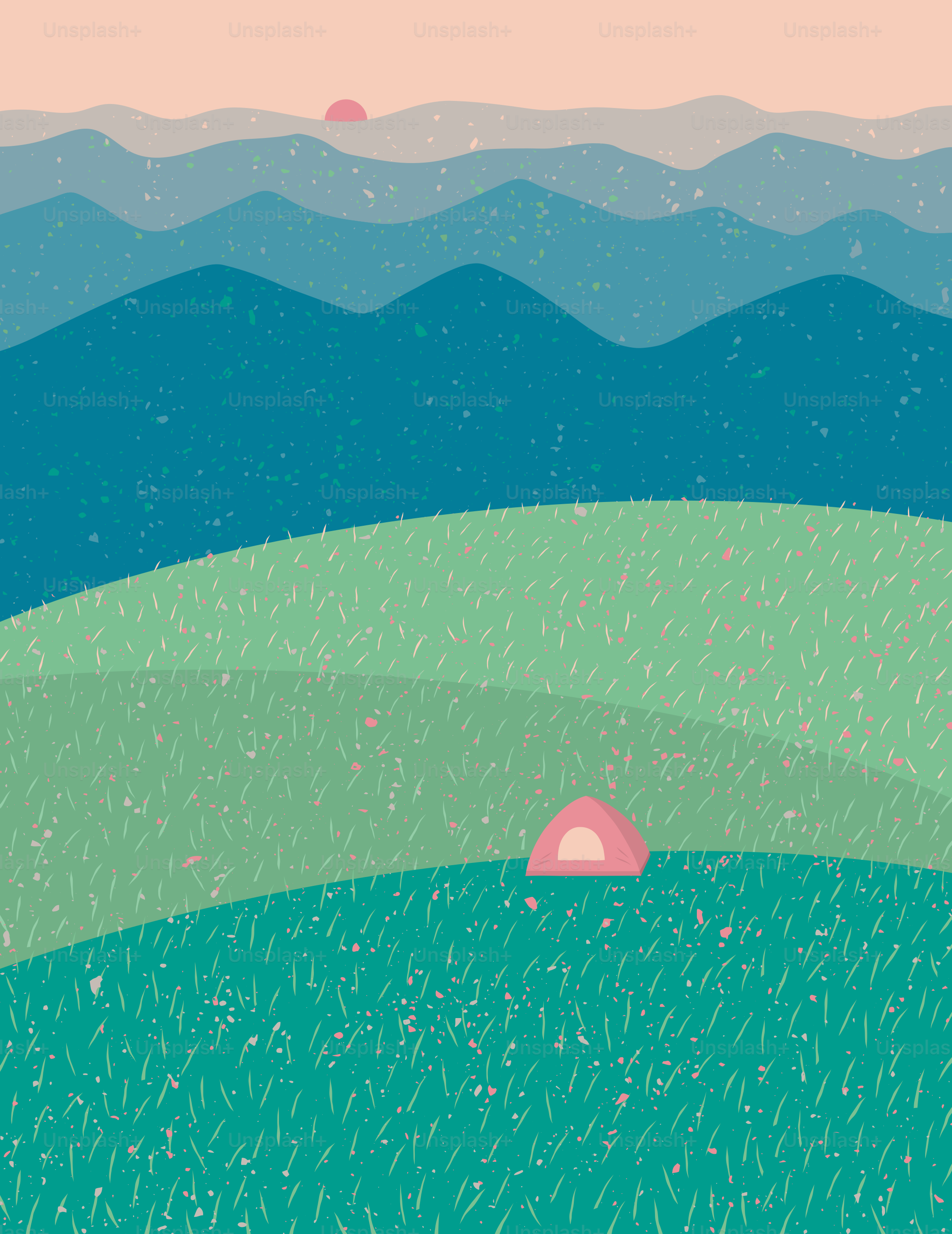 Une peinture d’une colline avec une boule rose au centre