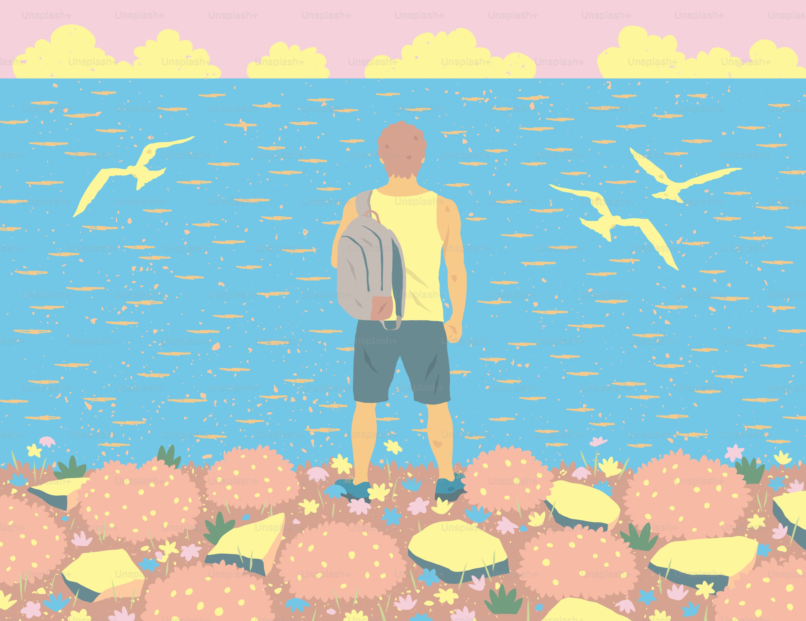 Un homme avec un sac à dos se tient au bord de l’océan avec des mouettes.