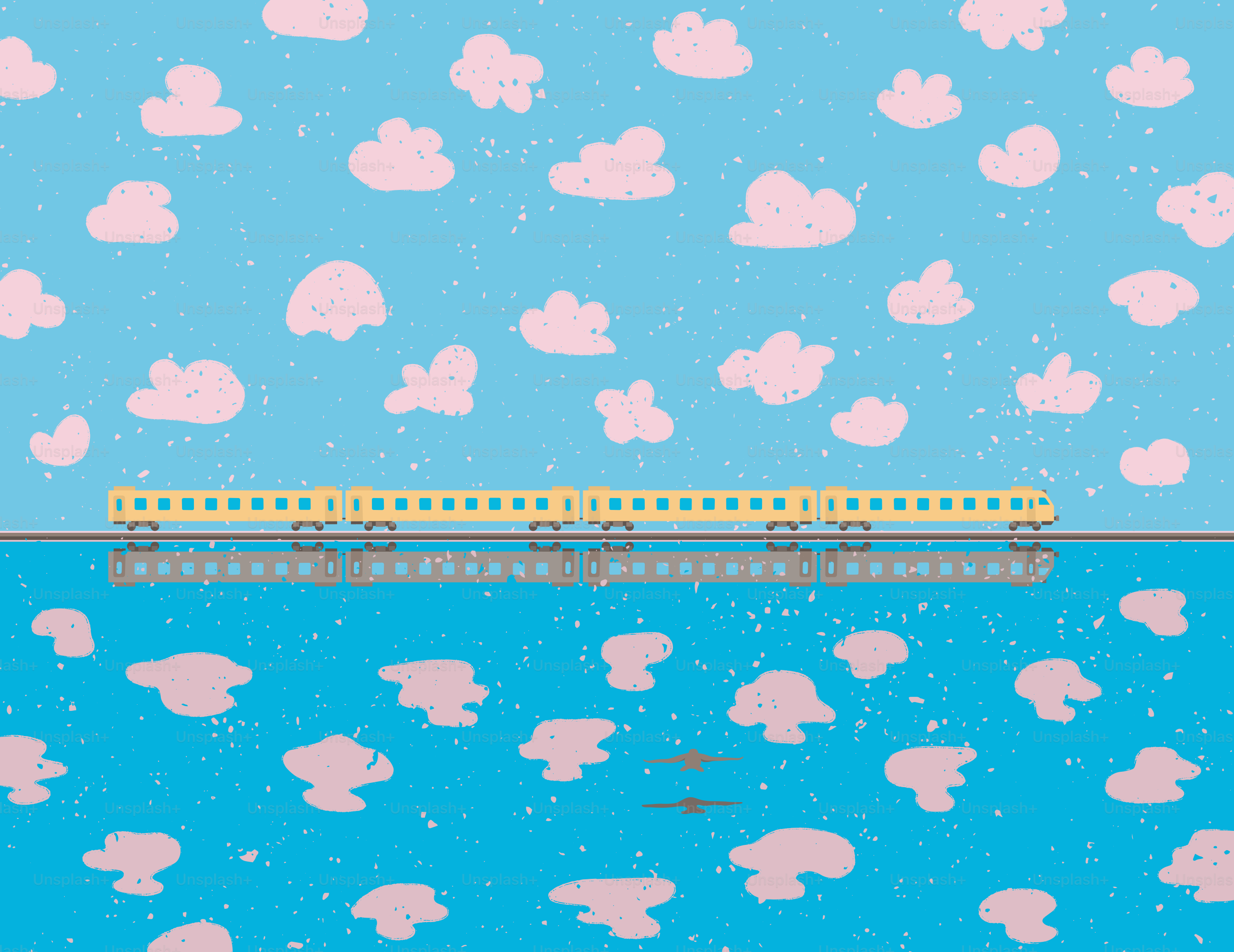 Un train jaune circule sur une voie au-dessus de nuages roses.