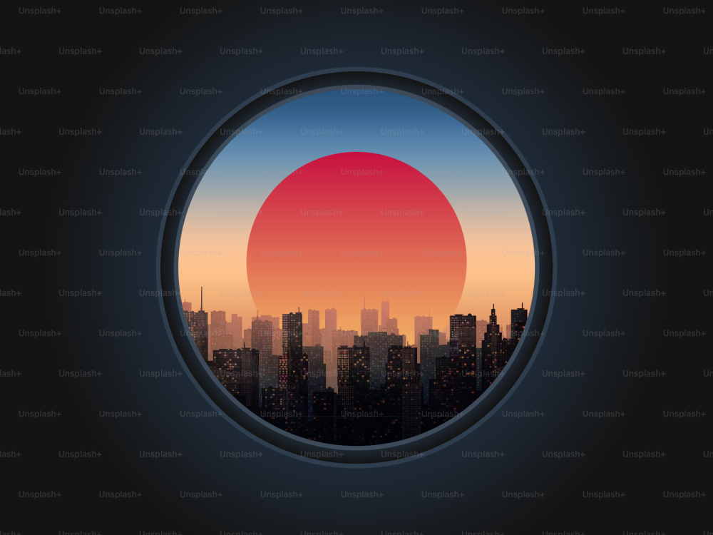 City at Sunset in the Porthole. Vector illustration.