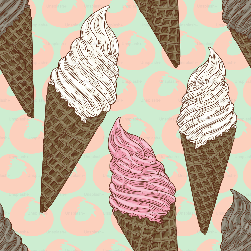 Detailed line artwork of soft ice cream in a waffle cone make up a repeating summer seamless pattern.