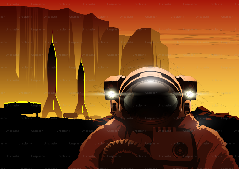 Poster Depicting Exploration and Colonization of Mars, Human Spaceships and Astronaut