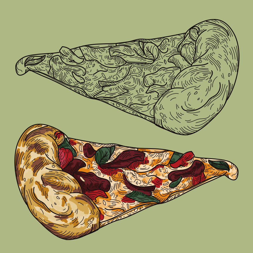 Get a slice of the Italian classic food, pizza, on a checkered retro tablecloth background in some retro 80s and 90s colours.