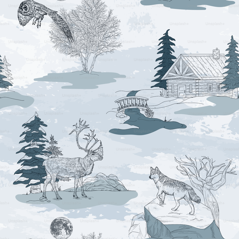 A wintery toile de jouy seamless pattern featuring a snowy scene, a cabin, an owl, a caribou and a moose. Grouped segments and global colours used, easy to make changes to.