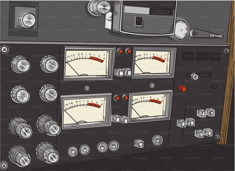 A retro piece of audio equipment featuring dials, buttons and knobs.