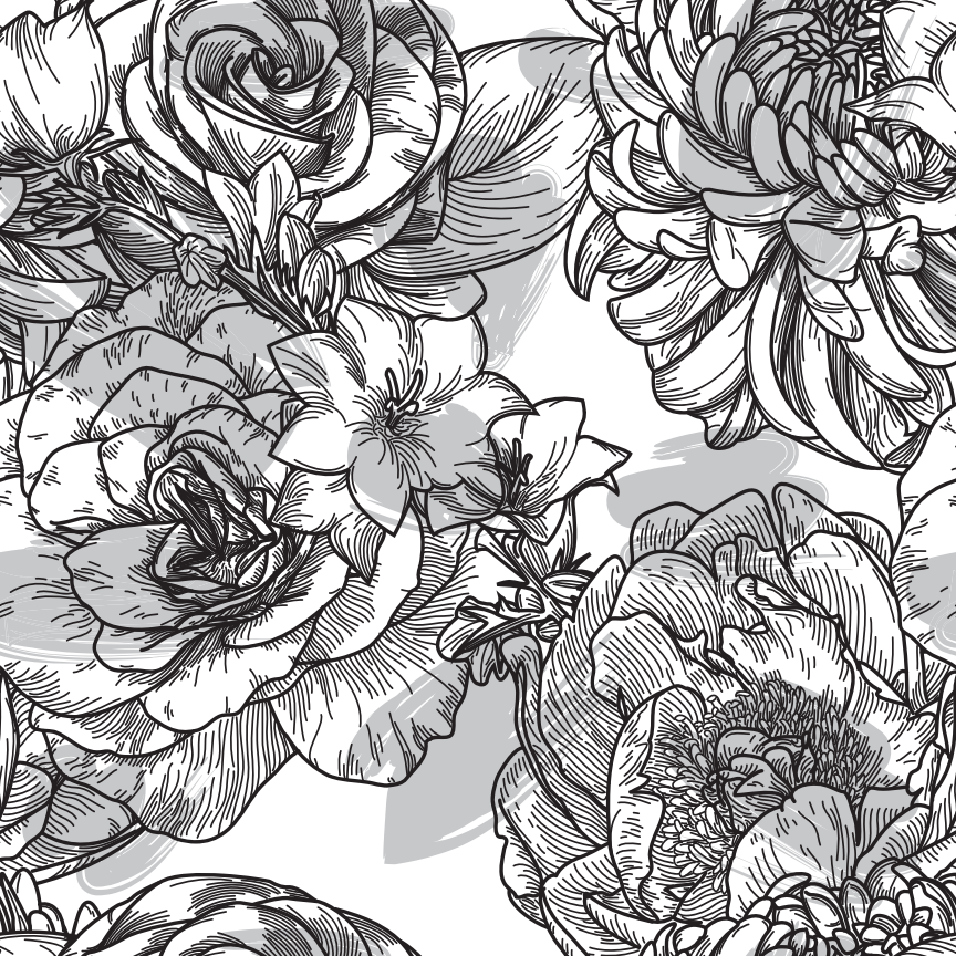 Un motivo floreale in stile antico senza soluzione di continuità con grandi fiori di peonie, crisantemi, rose e clematide'