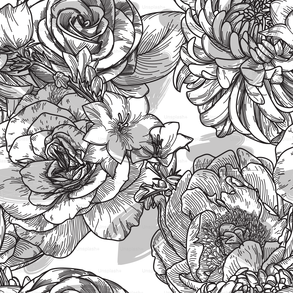 Ein nahtloses Blumenmuster im altmodischen Stil mit großen Blüten aus Pfingstrosen, Chrysanthemen, Rosen und Clematis