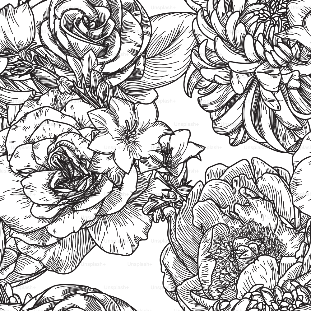 Un motif floral sans couture de style à l’ancienne avec de grandes fleurs de pivoines, de chrysanthèmes, de roses et de clématites
