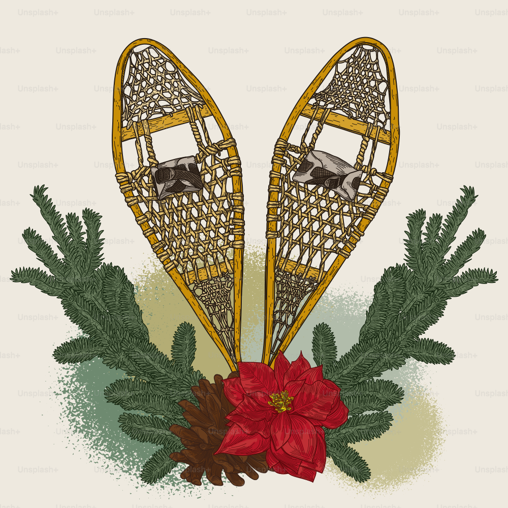 Highly detailed line artwork of snowshoes with other decorative elements.