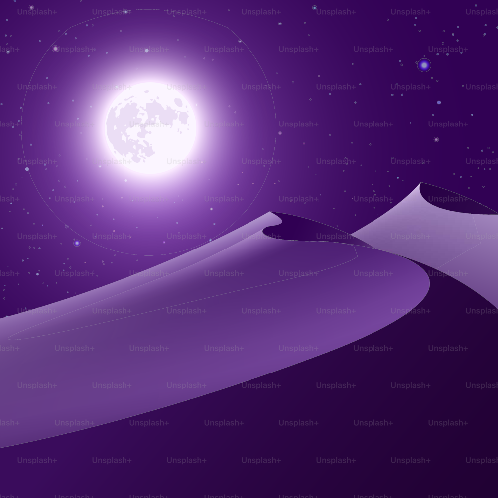 Desierto nocturno púrpura con luna y cielo estrellado. Ilustración vectorial.