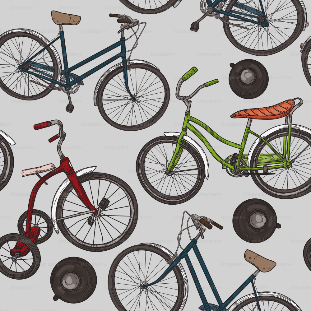 A funky seamless pattern of three different bikes and bike bells. Great for wallpaper, fabric, etc.