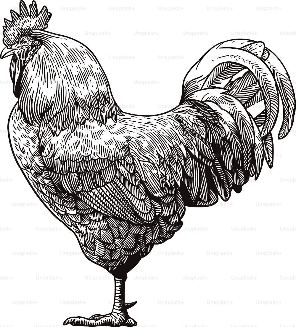 Illustrazione in stile acquaforte di un gallo in piedi. Vista laterale.
