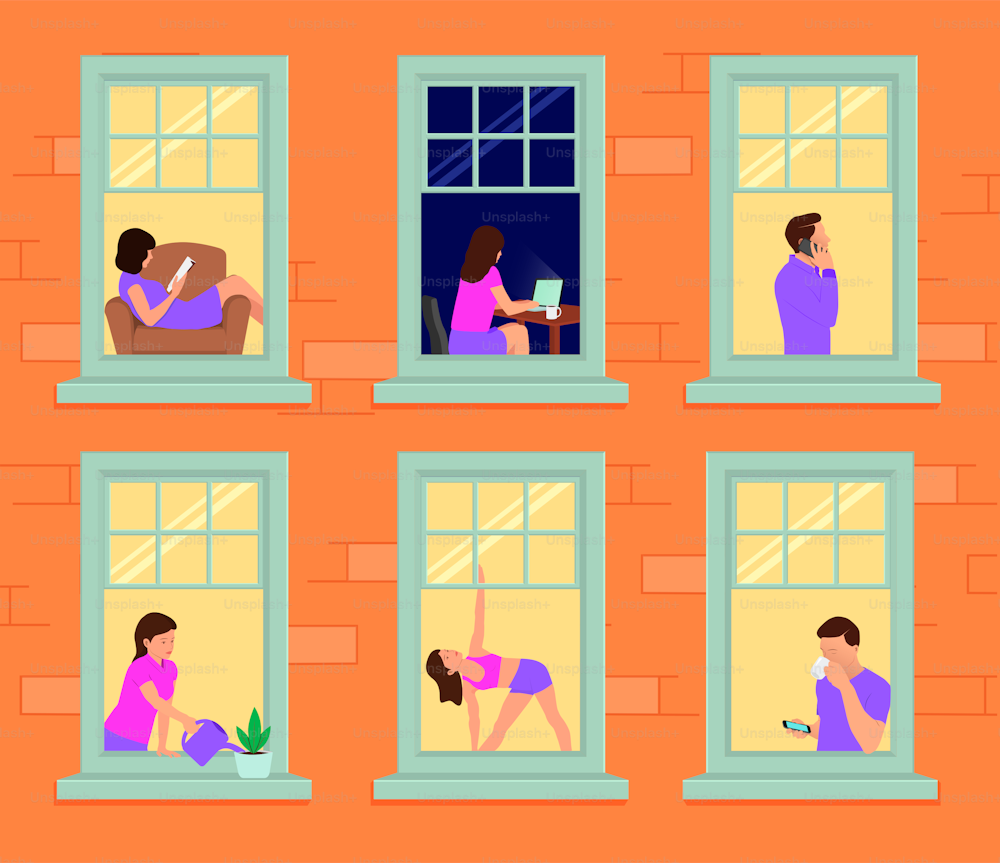 La fachada de una casa con ventanas y personas en ellas. Mujeres y niñas leyendo en la silla, sentadas frente a la computadora, regando flores y haciendo yoga. Los hombres están tomando café y hablando por teléfono. Ilustración de estilo plano en rosa y azul.